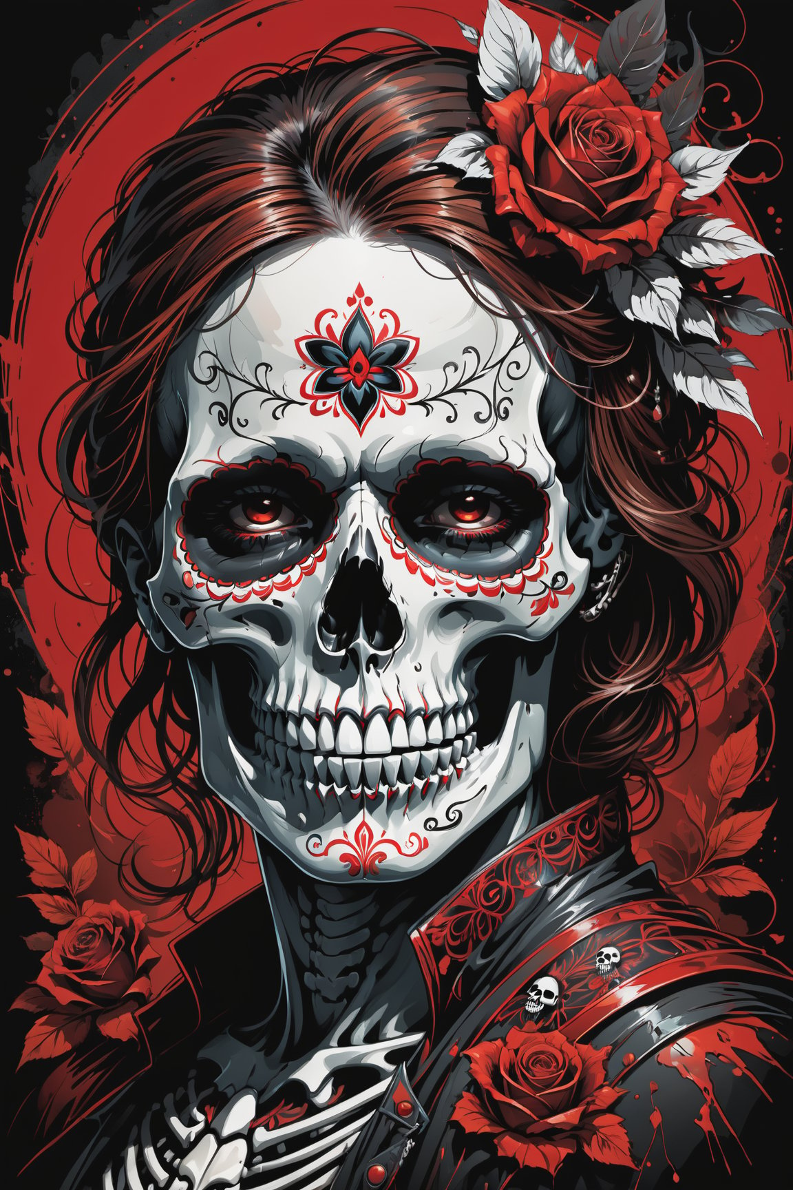 cel-shading style, centered image, ultra detailed illustration of the comic character (( a Very detailed illustration of a ((best quality)), ((masterpiece)), (detailed), mesmerizing, the skull, day of the dead art by linyu hong, in the style of dark white and red, graffiti art, realistic hyper-detail, intricate composition, monumental murals, silver and red, contemporary chicano(masterpiece, best quality, ultra-detailed) , unsettling atmosphere, high key lighting , vector Black, red, , staGlenn Brown, Carne Griffiths, Alex Ross, artgerm and james jean bangs, by Todd McFarlane)),  (((perfect hands))), (((dark Moody candlelight in the background))), accent of rust, (tetradic colors), inkpunk, ink lines, strong outlines, art by MSchiffer, bold traces, unframed, high contrast, cel-shaded, vector, 4k resolution,