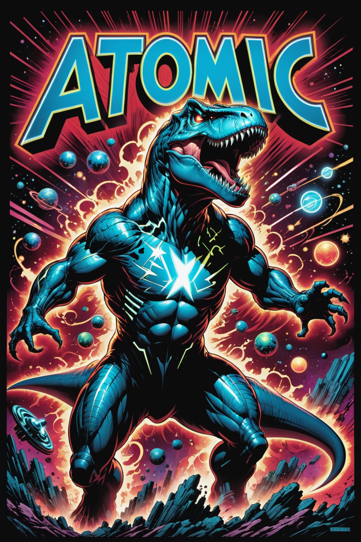 midshot, cel-shading style, centered image, ultra detailed illustration of the comic character (( a Very detailed illustration of a ((best quality)), ((masterpiece)), (detailed), Vibrant digital art, a futuristic comic book cover featuring the bold, neon-lit words ((("Atomic Comic"in text ))), (((emblazoned across the top in a retro-futuristic font))), set against a radiant, Red and black background that seems to pulse with energy, as a majestic, White Tyrannosaurus Rex, its eyes aglow with an otherworldly intensity, bursts forth from the depths of a swirling, cosmic vortex, surrounded by swirling tendrils of atomic symbols and stardust, all rendered in a stunning, high-contrast, hyper-saturated color palette. , mesmerizing  vector , simple background, makeup, (((full body) action pose, wlop, Glenn Brown, Carne Griffiths, Alex Ross, artgerm and james jean bangs, by Todd McFarlane)), posing,(((Full Body))), ((neon glow in the background)), accent colors, (tetradic colors), inkpunk, ink lines, strong outlines, art by MSchiffer, bold traces, unframed, high contrast, cel-shaded, vector, 4k resolution