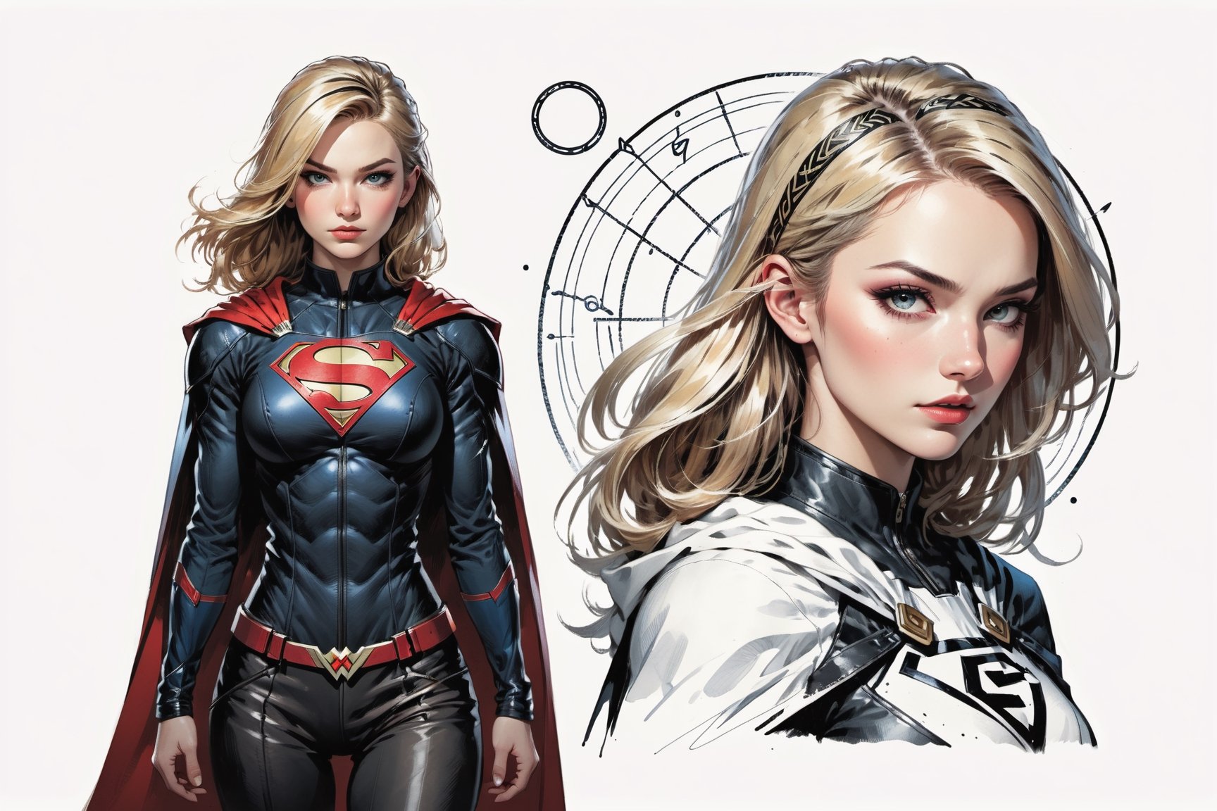 dark, gritty, realistic, mix of bold dark lines and loose lines, bold lines, on paper, turnaround character sheet, a stunningly beautiful (masterpiece, best quality:1.3), (2d:1.3), ink (medium), t-shirt design, White background, ((Half body)),portrait, supergirl, long red cape, outer_space, space hair, levitating, sky, zero gravity, above city, (((View from behind, she is looking over her shoulder))), depth_of_field bits of color, Sketch book, hand drawn, dark, gritty, realistic sketch, Rough sketch, mix of bold dark lines and loose lines, bold lines, Black paper, turnaround character sheet, arcane symbols, runes, dark theme, flowing partially blonde hair, handsome, ((all black padded leather clothing)), embroidered with runes, modest, black leather pants,  leather rune embroidered boots, (sharp lines), lines of bold ink, strong outlines, bold strokes, high contrast, (professional vector), best quality, flat colors, flat lights, no shadows, low levels, ((geometric shapes)), paint splatters, ((arcane symbols)), runes, dark theme, Perfect composition golden ratio, masterpiece, best quality, 4k, sharp focus. Better hand, perfect anatomy, ((safe for work))