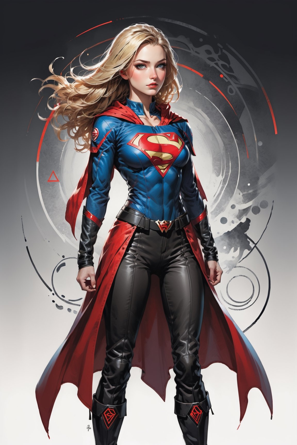 dark, gritty, realistic, mix of bold dark lines and loose lines, bold lines, on paper, turnaround character sheet, a stunningly beautiful (masterpiece, best quality:1.3), (2d:1.3), ink (medium), t-shirt design, White background, ((Half body)),portrait, supergirl, long red cape, outer_space, space hair, levitating, sky, zero gravity, above city, (((View from behind, she is looking over her shoulder))), depth_of_field bits of color, Sketch book, hand drawn, dark, gritty, realistic sketch, Rough sketch, mix of bold dark lines and loose lines, bold lines, Black paper, turnaround character sheet, arcane symbols, runes, dark theme, flowing partially blonde hair, handsome, ((all black padded leather clothing with red accents)), embroidered with runes, modest, black leather pants,  leather rune embroidered boots, (sharp lines), lines of bold ink, strong outlines, bold strokes, high contrast, (professional vector), best quality, flat colors, flat lights, no shadows, low levels, ((geometric shapes)), paint splatters, ((arcane symbols)), runes, dark theme, Perfect composition golden ratio, masterpiece, best quality, 4k, sharp focus. Better hand, perfect anatomy, ((safe for work))