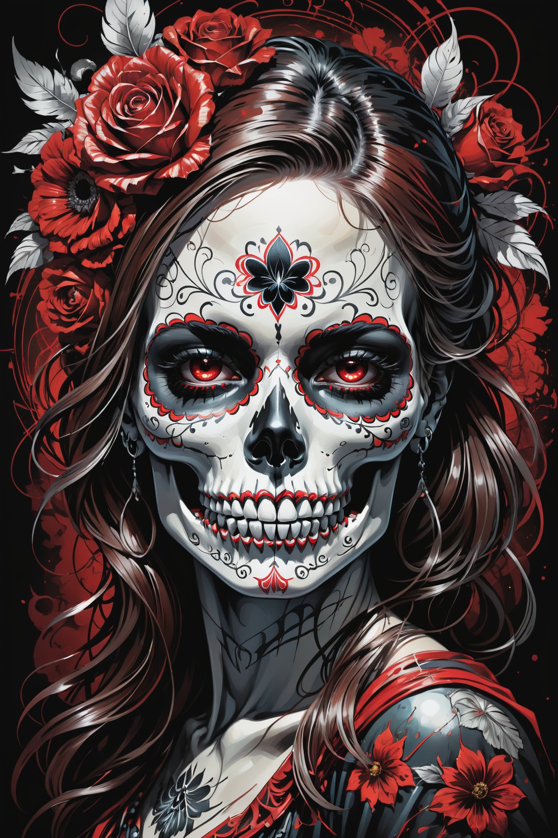 cel-shading style, centered image, ultra detailed illustration of the comic character (( a Very detailed illustration of a ((best quality)), ((masterpiece)), (detailed), mesmerizing, the skull, day of the dead art by linyu hong, in the style of dark white and red, graffiti art, realistic hyper-detail, intricate composition, monumental murals, silver and red, contemporary chicano(masterpiece, best quality, ultra-detailed) , unsettling atmosphere, high key lighting , vector Black, red, , staGlenn Brown, Carne Griffiths, Alex Ross, artgerm and james jean bangs, by Todd McFarlane)),  (((perfect hands))), (((dark Moody candlelight in the background))), accent of rust, (tetradic colors), inkpunk, ink lines, strong outlines, art by MSchiffer, bold traces, unframed, high contrast, cel-shaded, vector, 4k resolution,