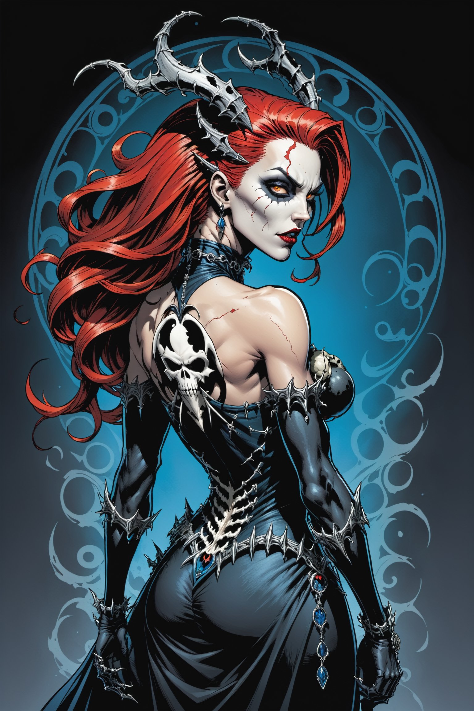 midshot, cel-shading style, centered image, ultra detailed illustration of the comic character ((female Spawn Queen of the Damned by Todd McFarlane)), posing, Black, dress with a skull emblem, ((View from Behind she's looking over her shoulder)), ((Full Body)), ((View from behind)), (tetradic colors), inkpunk, ink lines, strong outlines, art by MSchiffer, bold traces, unframed, high contrast, cel-shaded, vector, 4k resolution, best quality, (chromatic aberration:1.8)