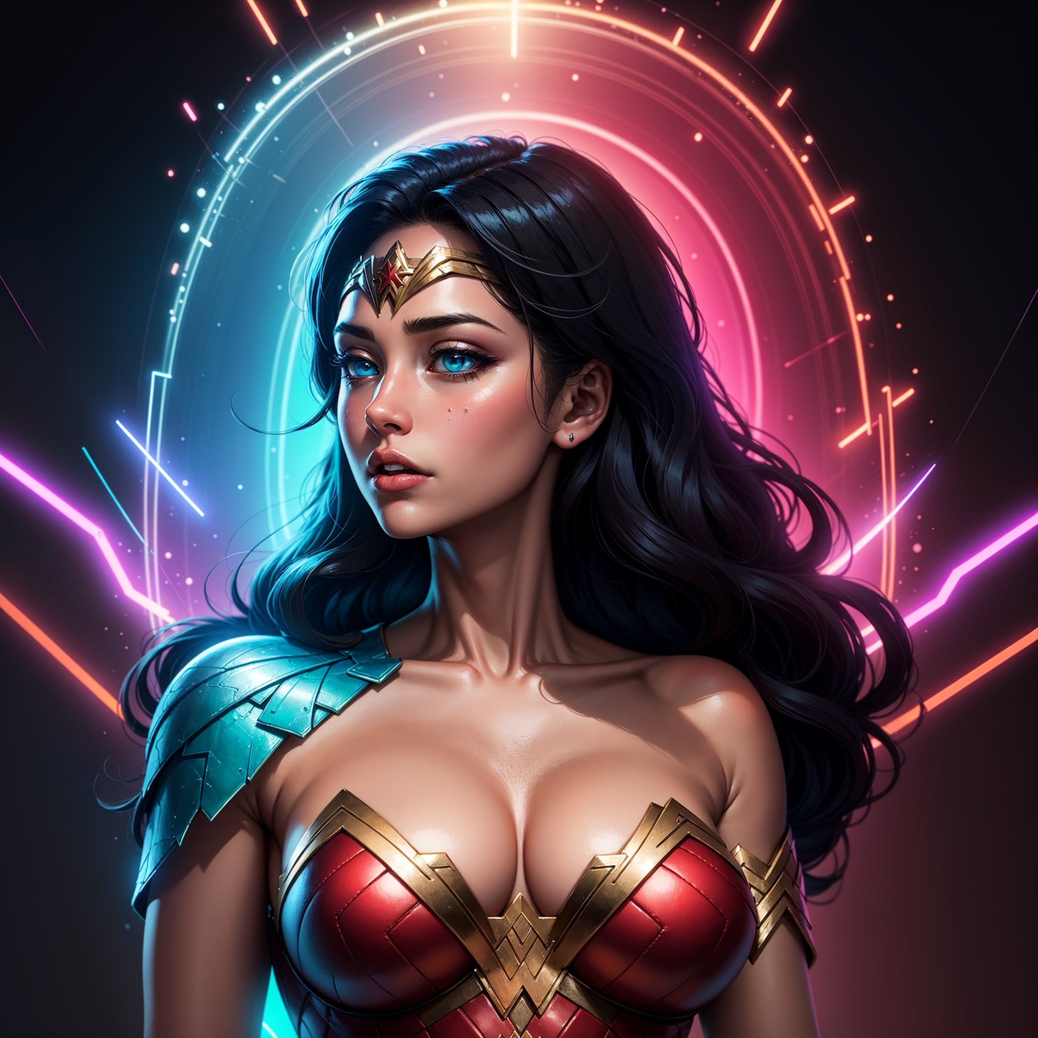 Wonder Woman (big tits) masterpiece, best quality, ((abstract, psychedelic, neon, background)),(creative:1.3), sy3, SMM, fantasy00d