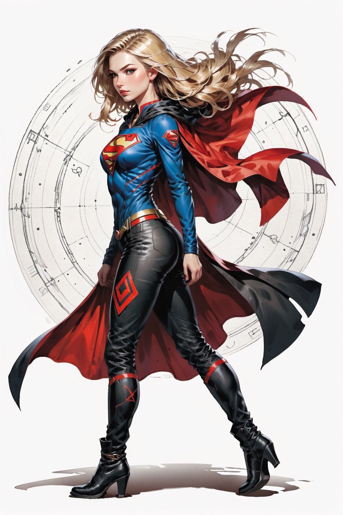 dark, gritty, realistic, mix of bold dark lines and loose lines, bold lines, on paper, turnaround character sheet, a stunningly beautiful (masterpiece, best quality:1.3), (2d:1.3), ink (medium), t-shirt design, White background, ((Half body)),portrait, supergirl, long red cape, outer_space, space hair, levitating, sky, zero gravity, above city, (((View from behind, she is looking over her shoulder))), depth_of_field bits of color, Sketch book, hand drawn, dark, gritty, realistic sketch, Rough sketch, mix of bold dark lines and loose lines, bold lines, Black paper, turnaround character sheet, arcane symbols, runes, dark theme, flowing partially blonde hair, handsome, ((all black padded leather clothing with red accents)), embroidered with runes, modest, black leather pants,  leather rune embroidered boots, (sharp lines), lines of bold ink, strong outlines, bold strokes, high contrast, (professional vector), best quality, flat colors, flat lights, no shadows, low levels, ((geometric shapes)), paint splatters, ((arcane symbols)), runes, dark theme, Perfect composition golden ratio, masterpiece, best quality, 4k, sharp focus. Better hand, perfect anatomy, ((safe for work))