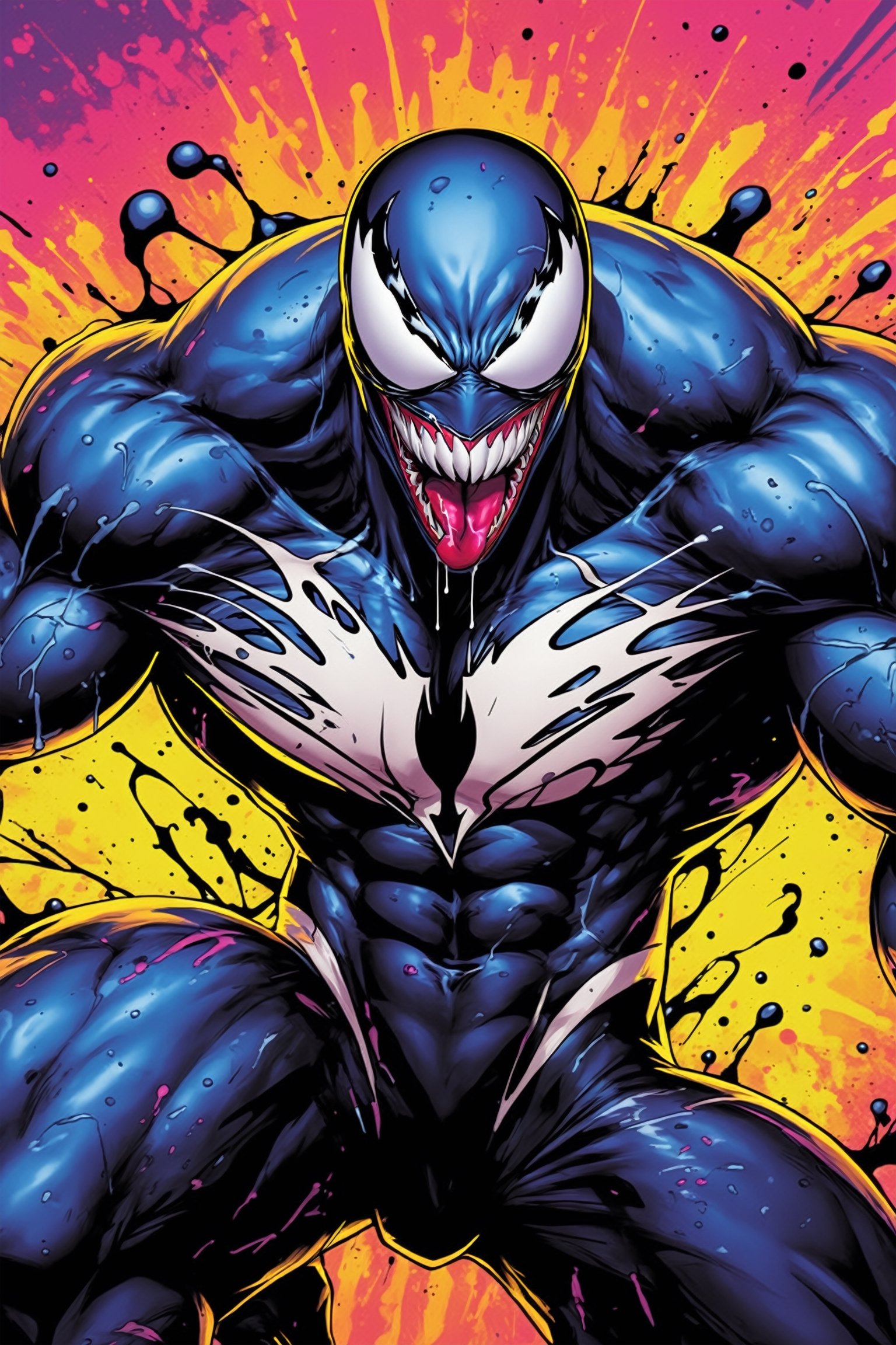 midshot, cel-shading style, centered image, ultra detailed illustration of Venom posing, ((Full Body)), (tetradic colors), ((inkpunk)), ((ink lines)), ink splatter, strong outlines, art by MSchiffer, bold traces, unframed, high contrast, cel-shaded, vector, 4k resolution, best quality, (chromatic aberration:1.8)