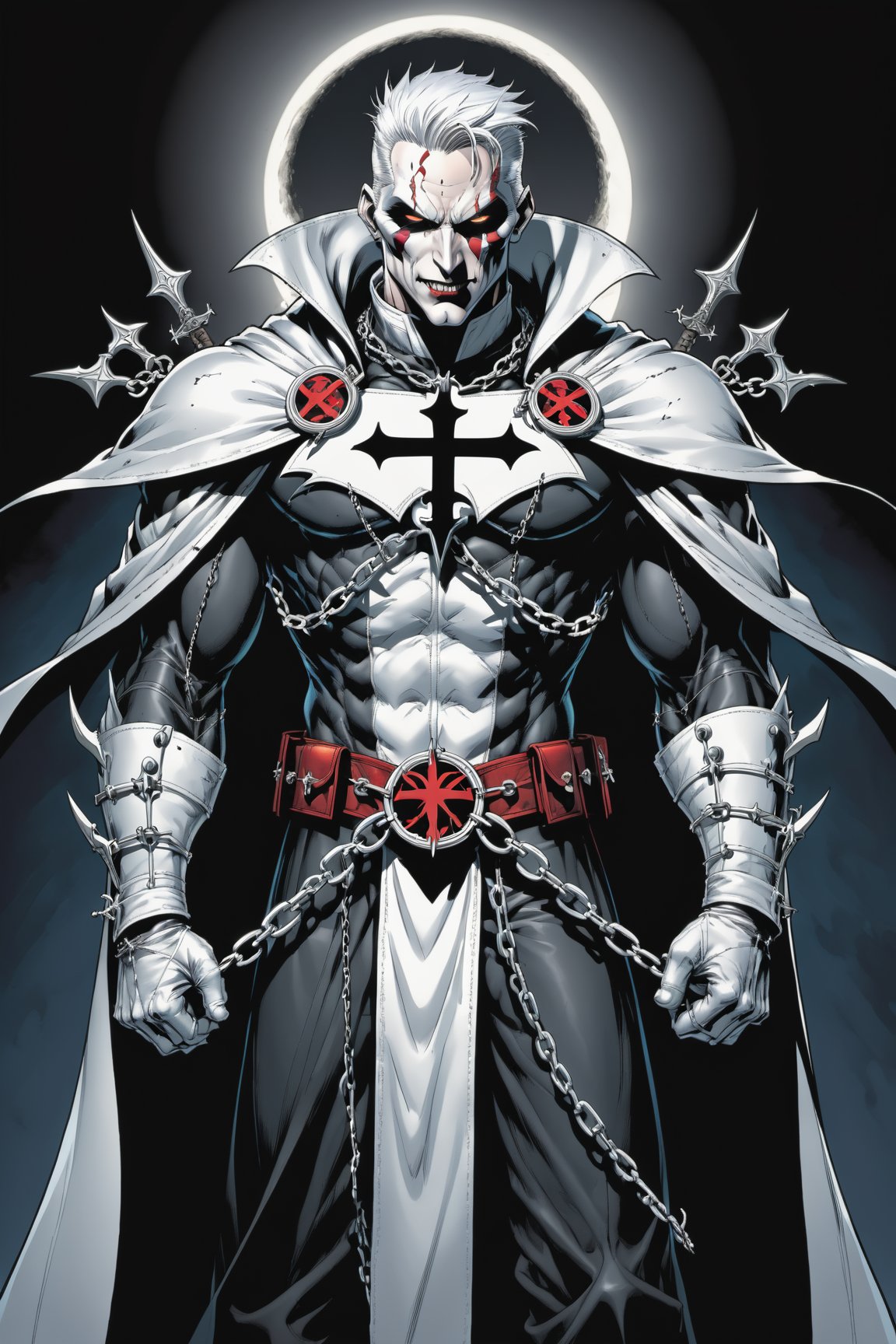 midshot, cel-shading style, centered image, ultra detailed illustration of the comic character ((male Spawn Warrior Catholic priest, by Todd McFarlane)), posing, white  hair,  ((cross around his neck)), charcoal and black white suit with cross emblem, gun belts draped over his shoulders, (((holding chains with razor, sharp crucifixes at the ends))), ((Full Body)), ((perfect hands)), the moon in the background, (tetradic colors), inkpunk, ink lines, strong outlines, art by MSchiffer, bold traces, unframed, high contrast, cel-shaded, vector, 4k resolution, best quality, (chromatic aberration:1.8)