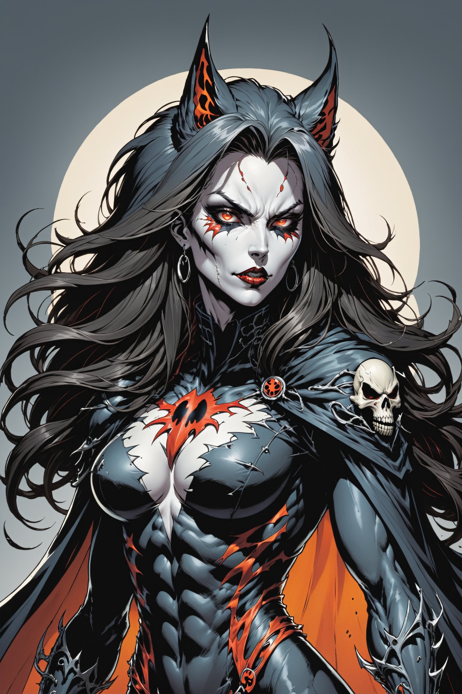 midshot, cel-shading style, centered image, ultra detailed illustration of the comic character ((female Spawn Wolf lady, by Todd McFarlane)), posing, long black long hair, Gray rus, and black suit with a skull emblem, Orange flowing cape, ((view from Behind she’s looking over her shoulder)),  ((Full Body)), (tetradic colors), inkpunk, ink lines, strong outlines, art by MSchiffer, bold traces, unframed, high contrast, cel-shaded, vector, 4k resolution, best quality, (chromatic aberration:1.8)