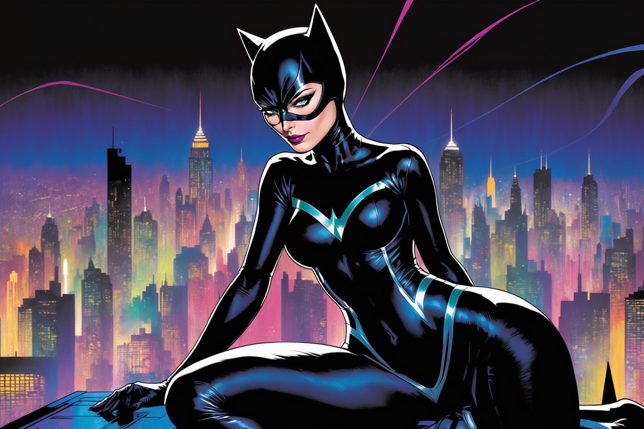 midshot, cel-shading style, centered image, ultra detailed illustration of Catwoman, posing, ((View from behind)), ((Full Body)), wearing one piece, black bodysuit, (tetradic colors), inkpunk, ink lines, strong outlines, art by MSchiffer, bold traces, unframed, high contrast, cel-shaded, vector, 4k resolution, best quality, (chromatic aberration:1.8)