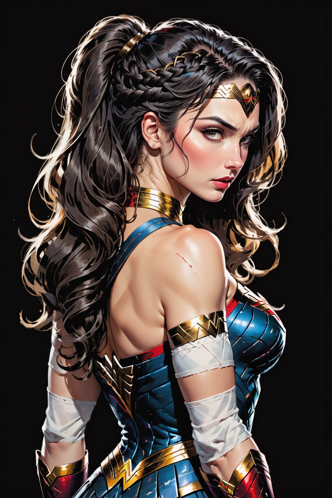 dark, gritty, realistic, mix of bold dark lines and loose lines, bold lines, on paper, turnaround character sheet, a stunningly beautiful (masterpiece, best quality:1.3), (2d:1.3), ink (medium), t-shirt design, White background, Full body, 2D illustration,  (((Wonder Woman))). bits of color, Sketch book, hand drawn, dark, gritty, realistic sketch, Rough sketch, mix of bold dark lines and loose lines, bold lines, on black paper, turnaround character sheet. Half body, (((View from behind))), ((she is looking over her shoulder)), ((she's wearing a lacy Victorian dress)), arcane symbols, runes, dark theme, flowing partially braided Black hair, large long ponytail, (sharp lines), lines of bold ink, strong outlines, bold strokes, high contrast, (professional vector), best quality, flat colors, flat lights, no shadows, low levels, ((geometric shapes)), paint splatters, arcane symbols, runes, dark theme, Perfect composition golden ratio, masterpiece, best quality, 4k, sharp focus. Better hand, perfect anatomy, ((safe for work))