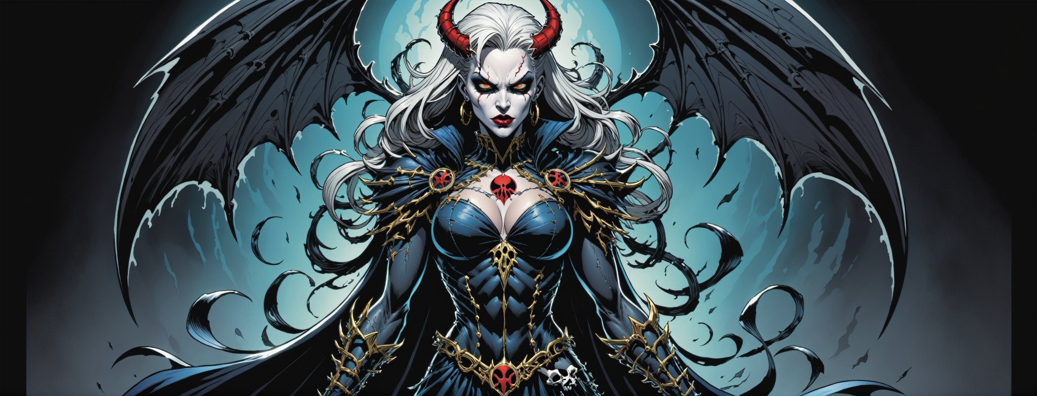 midshot, cel-shading style, centered image, ultra detailed illustration of the comic character ((female Spawn Queen of the Damned by Todd McFarlane)), posing, Black, dress with a skull emblem, ((View from Behind she's looking over her shoulder)), ((Full Body)), ((View from behind)), (tetradic colors), inkpunk, ink lines, strong outlines, art by MSchiffer, bold traces, unframed, high contrast, cel-shaded, vector, 4k resolution, best quality, (chromatic aberration:1.8)