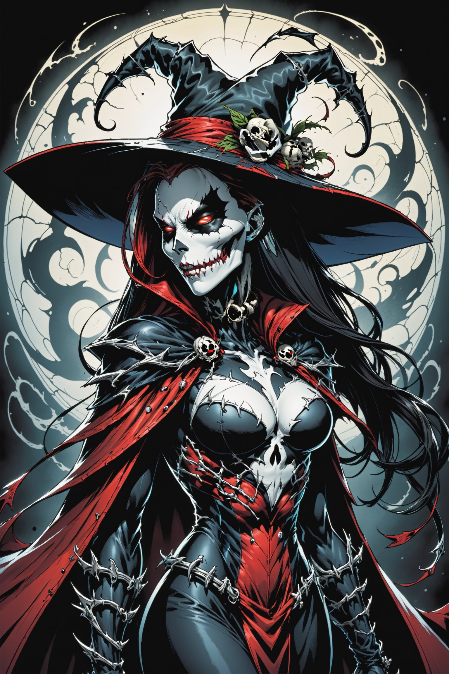 midshot, cel-shading style, centered image, ultra detailed illustration of the comic character ((female Spawn Which by Todd McFarlane)), posing, Black, dress with a skull emblem, ((wearing a large rimmed Single pointed hat)), ((View from Behind she's looking over her shoulder)), ((Full Body)), ((View from behind)), (tetradic colors), inkpunk, ink lines, strong outlines, art by MSchiffer, bold traces, unframed, high contrast, cel-shaded, vector, 4k resolution, best quality, (chromatic aberration:1.8)