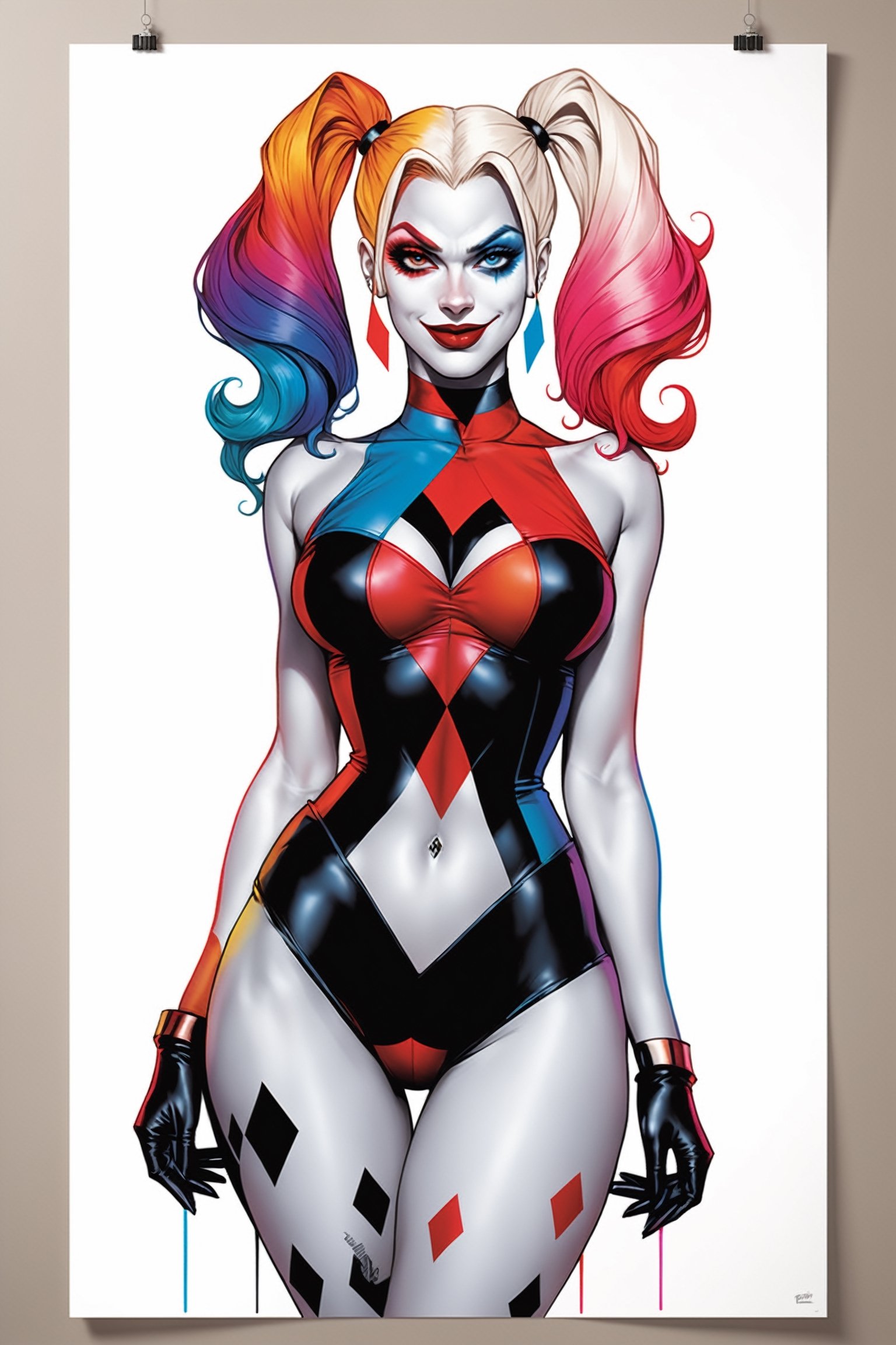 midshot, cel-shading style, centered image, ultra detailed illustration of Harley Quinn, posing, ((Full Body)), (tetradic colors), inkpunk, ink lines, strong outlines, art by MSchiffer, bold traces, unframed, high contrast, cel-shaded, vector, 4k resolution, best quality, (chromatic aberration:1.8)