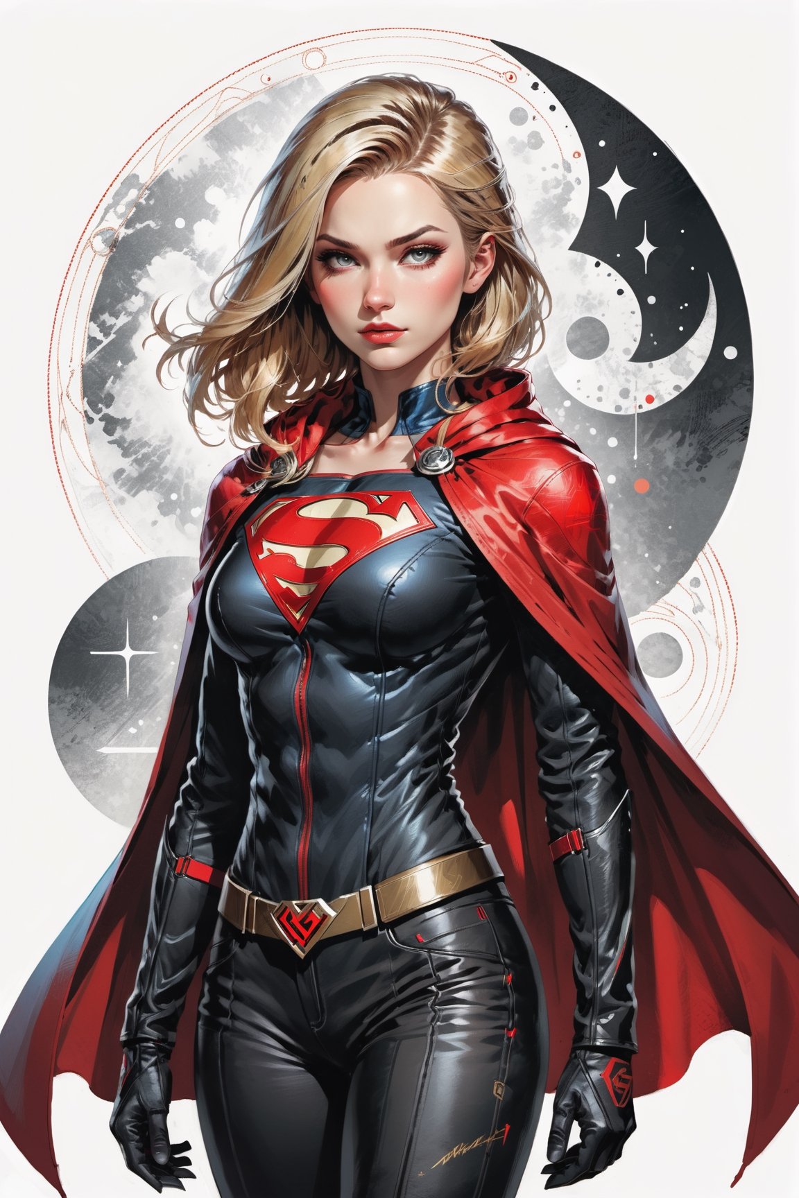 dark, gritty, realistic, mix of bold dark lines and loose lines, bold lines, on paper, turnaround character sheet, a stunningly beautiful (masterpiece, best quality:1.3), (2d:1.3), ink (medium), t-shirt design, White background, ((Half body)),portrait, supergirl, long red cape, outer_space, space hair, levitating, sky, zero gravity, above city, (((View from behind, she is looking over her shoulder))), depth_of_field bits of color, Sketch book, hand drawn, dark, gritty, realistic sketch, Rough sketch, mix of bold dark lines and loose lines, bold lines, Black paper, turnaround character sheet, arcane symbols, runes, dark theme, flowing partially blonde hair, handsome, ((all black padded leather clothing with red accents)), embroidered with runes, modest, black leather pants,  leather rune embroidered boots, (sharp lines), lines of bold ink, strong outlines, bold strokes, high contrast, (professional vector), best quality, flat colors, flat lights, no shadows, low levels, ((geometric shapes)), paint splatters, ((arcane symbols)), runes, dark theme, Perfect composition golden ratio, masterpiece, best quality, 4k, sharp focus. Better hand, perfect anatomy, ((safe for work))