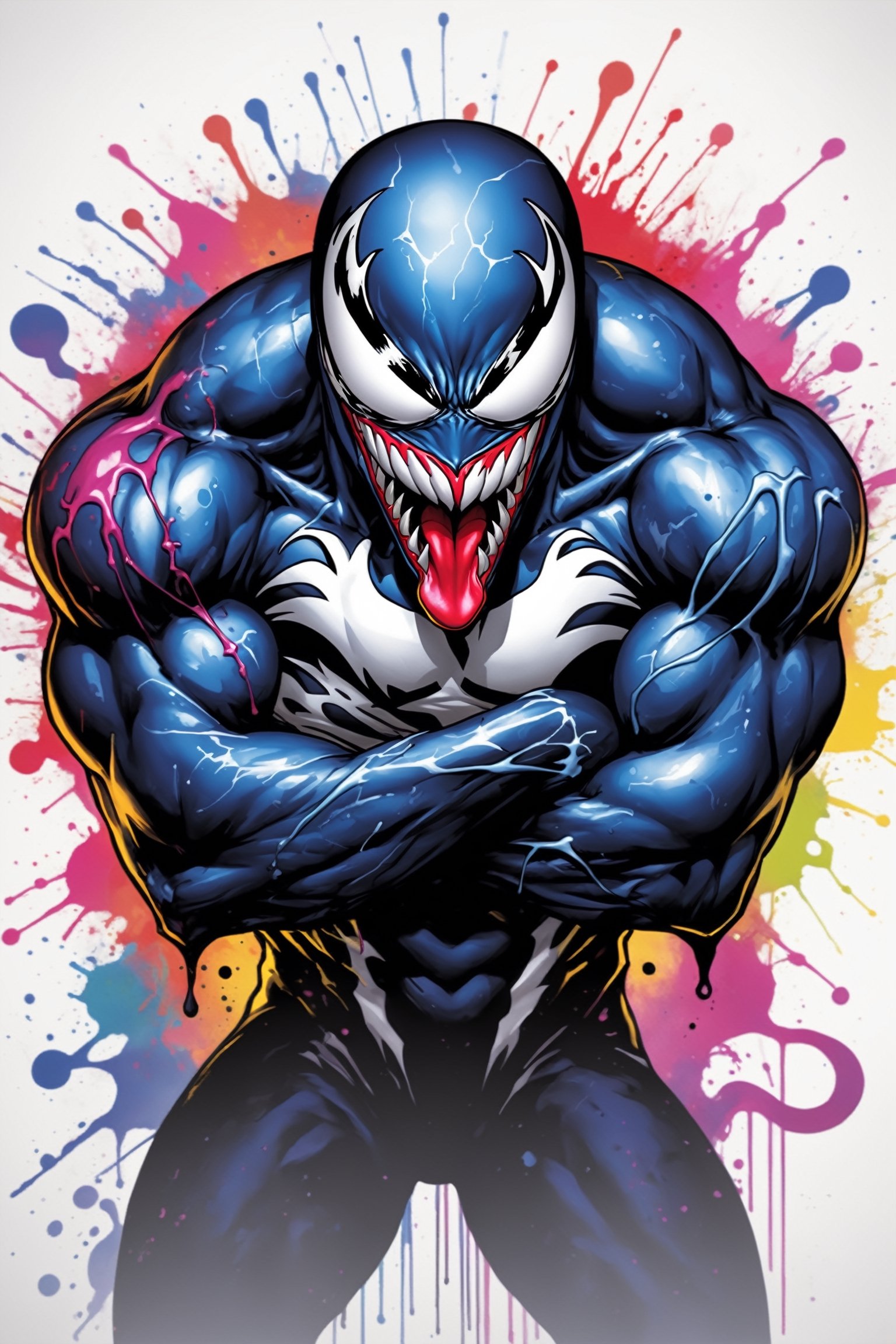 midshot, cel-shading style, centered image, ultra detailed illustration of Venom posing, ((Full Body)), (tetradic colors), ((inkpunk)), ((ink lines)), ink splatter, strong outlines, art by MSchiffer, bold traces, unframed, high contrast, cel-shaded, vector, 4k resolution, best quality, (chromatic aberration:1.8)