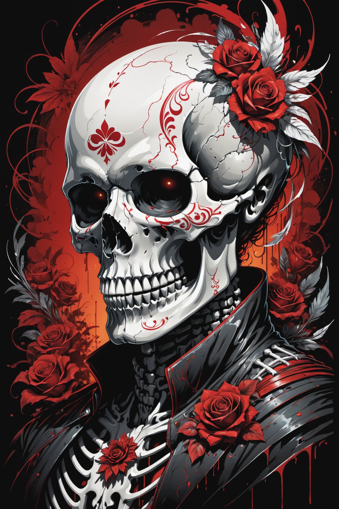 cel-shading style, centered image, ultra detailed illustration of the comic character (( a Very detailed illustration of a ((best quality)), ((masterpiece)), (detailed), mesmerizing, the skull, day of the dead art by linyu hong, in the style of dark white and red, graffiti art, realistic hyper-detail, intricate composition, monumental murals, silver and red, contemporary chicano(masterpiece, best quality, ultra-detailed) , unsettling atmosphere, high key lighting , vector Black, red, , staGlenn Brown, Carne Griffiths, Alex Ross, artgerm and james jean bangs, by Todd McFarlane)),  (((perfect hands))), (((dark Moody candlelight in the background))), accent of rust, (tetradic colors), inkpunk, ink lines, strong outlines, art by MSchiffer, bold traces, unframed, high contrast, cel-shaded, vector, 4k resolution,