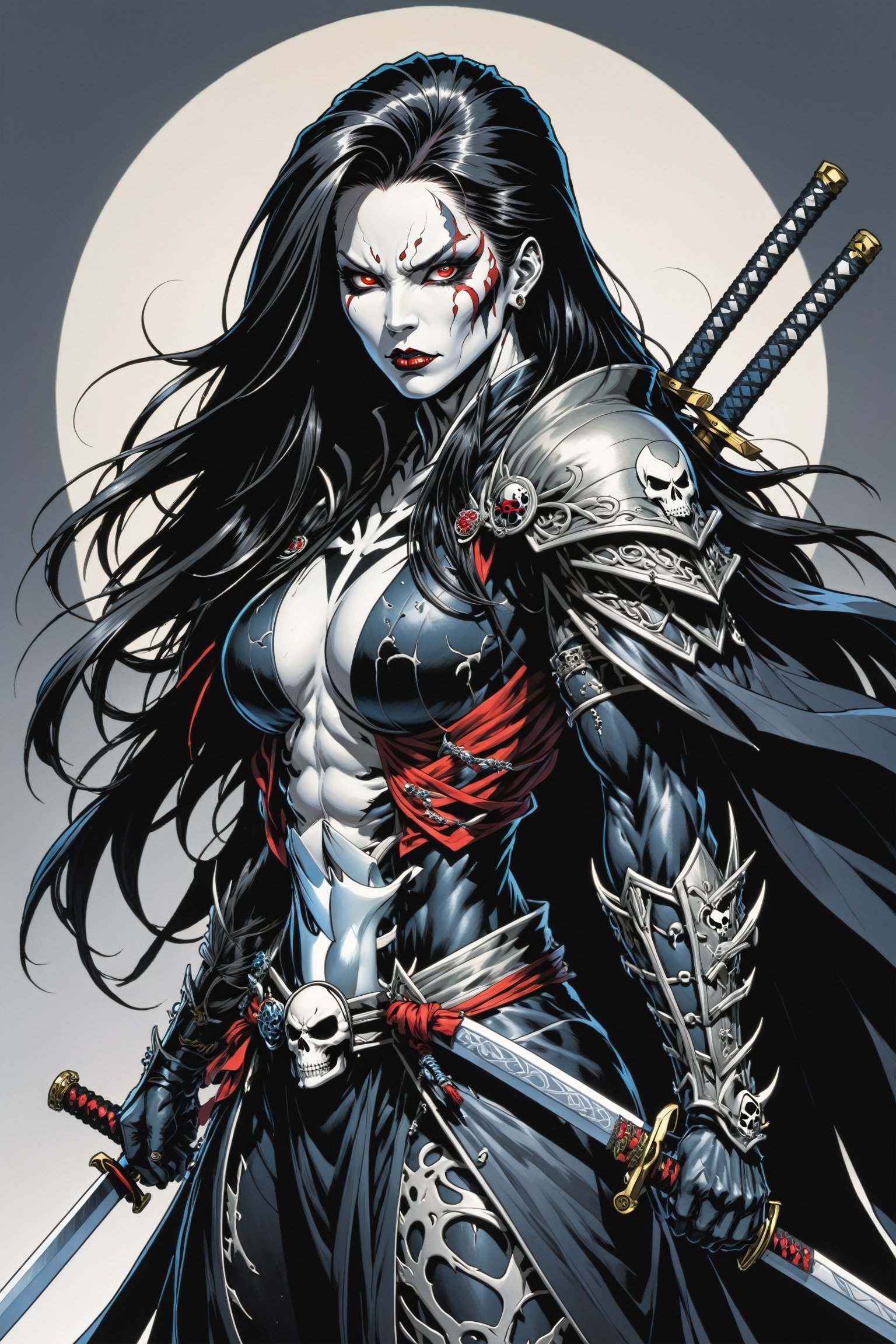 midshot, cel-shading style, centered image, ultra detailed illustration of the comic character ((female Spawn Samurai lady, by Todd McFarlane)), posing, long black long hair, silver and black suit with a skull emblem, long flowing cape,  holding samurai sword, ((view from Behind she’s looking over her shoulder)), ((Full Body)), (tetradic colors), inkpunk, ink lines, strong outlines, art by MSchiffer, bold traces, unframed, high contrast, cel-shaded, vector, 4k resolution, best quality, (chromatic aberration:1.8)