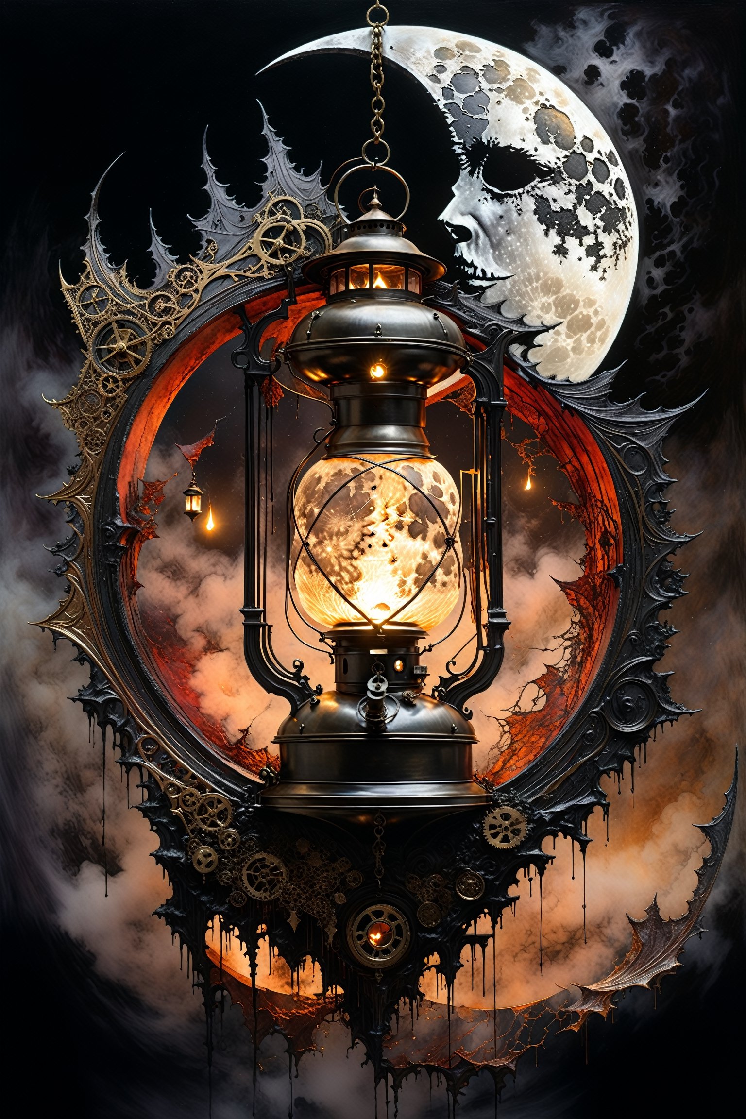 Ultra-wide-angle, photorealistic medieval gothic steam punk shot of an exciting fusion between Spawn and ((A spiderweb and a creepy The moon in Crescent form )), ((with a Oil lantern)) , eerie mysterious scene, dark, fantasy art, horror, sleepy hollow style, grimdark style, Movie Still, moody colours, undead,digital artwork by Beksinski )), in a new character that embodies elements of both, (((spiderwebs))), (((Street view))), silver mechanical gears in the background, people, see. Black and natural colors, ink Flow - 8k Resolution Photorealistic Masterpiece - by Aaron Horkey and Jeremy Mann - Intricately Detailed. fluid gouache painting: by Jean Baptiste Mongue: calligraphy: acrylic: colorful watercolor, cinematic lighting, maximalist photoillustration: by marton bobzert: 8k resolution concept art, intricately detailed realism, complex, elegant, expansive, fantastical and psychedelic, dripping paint , in the chasm of the empire estate, night, the moon, buildings, reflections, wings, and other elements need to stay in frame,(isolate object)