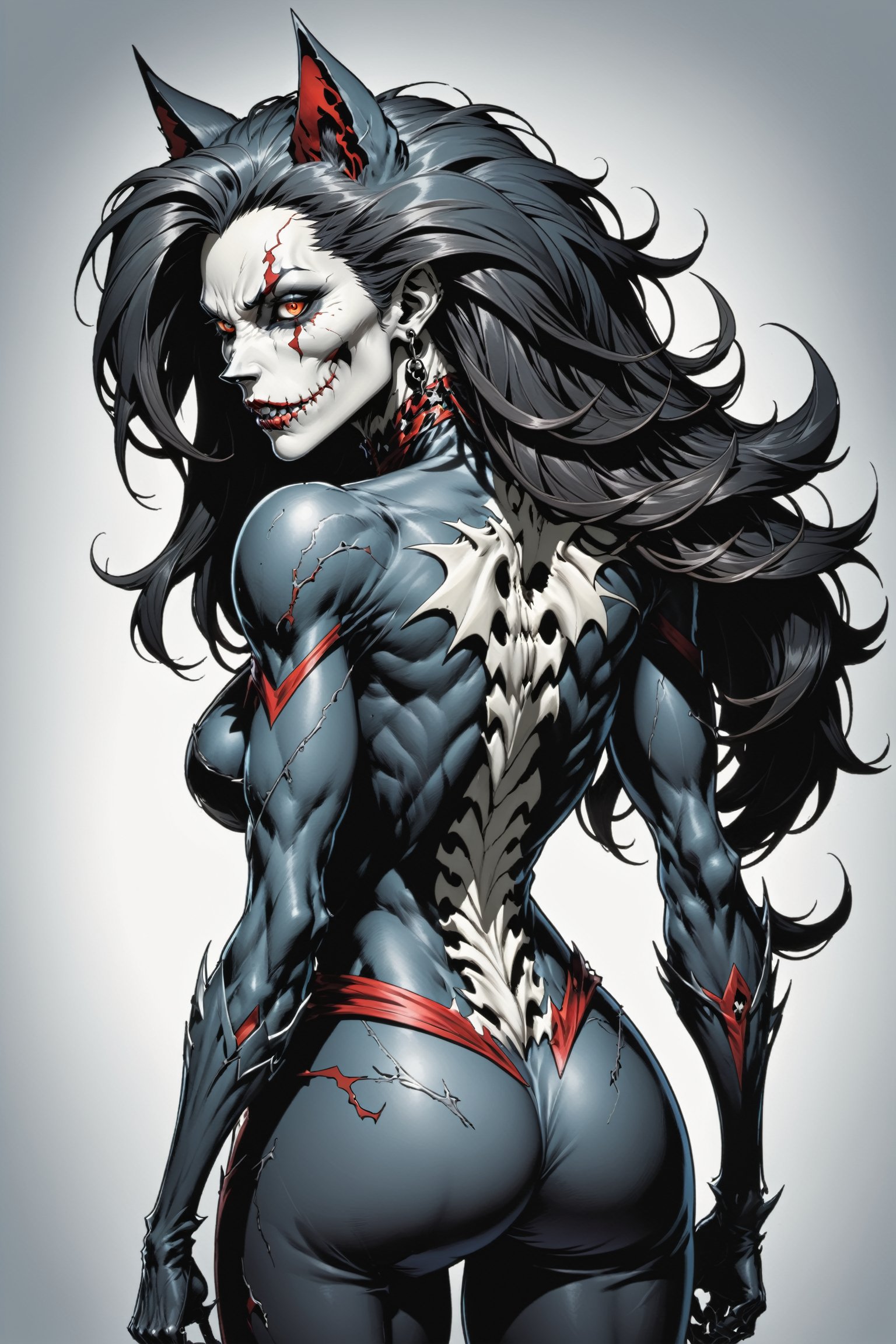 midshot, cel-shading style, centered image, ultra detailed illustration of the comic character ((female Spawn Wolf lady, by Todd McFarlane)), posing, long black long hair, Gray rust, and black suit with a skull emblem, ((view from Behind she’s looking over her shoulder)),  ((she has a wolf snout)), ((Full Body)), ((view from behind)), ((perfect hands)), (tetradic colors), inkpunk, ink lines, strong outlines, art by MSchiffer, bold traces, unframed, high contrast, cel-shaded, vector, 4k resolution, best quality, (chromatic aberration:1.8)