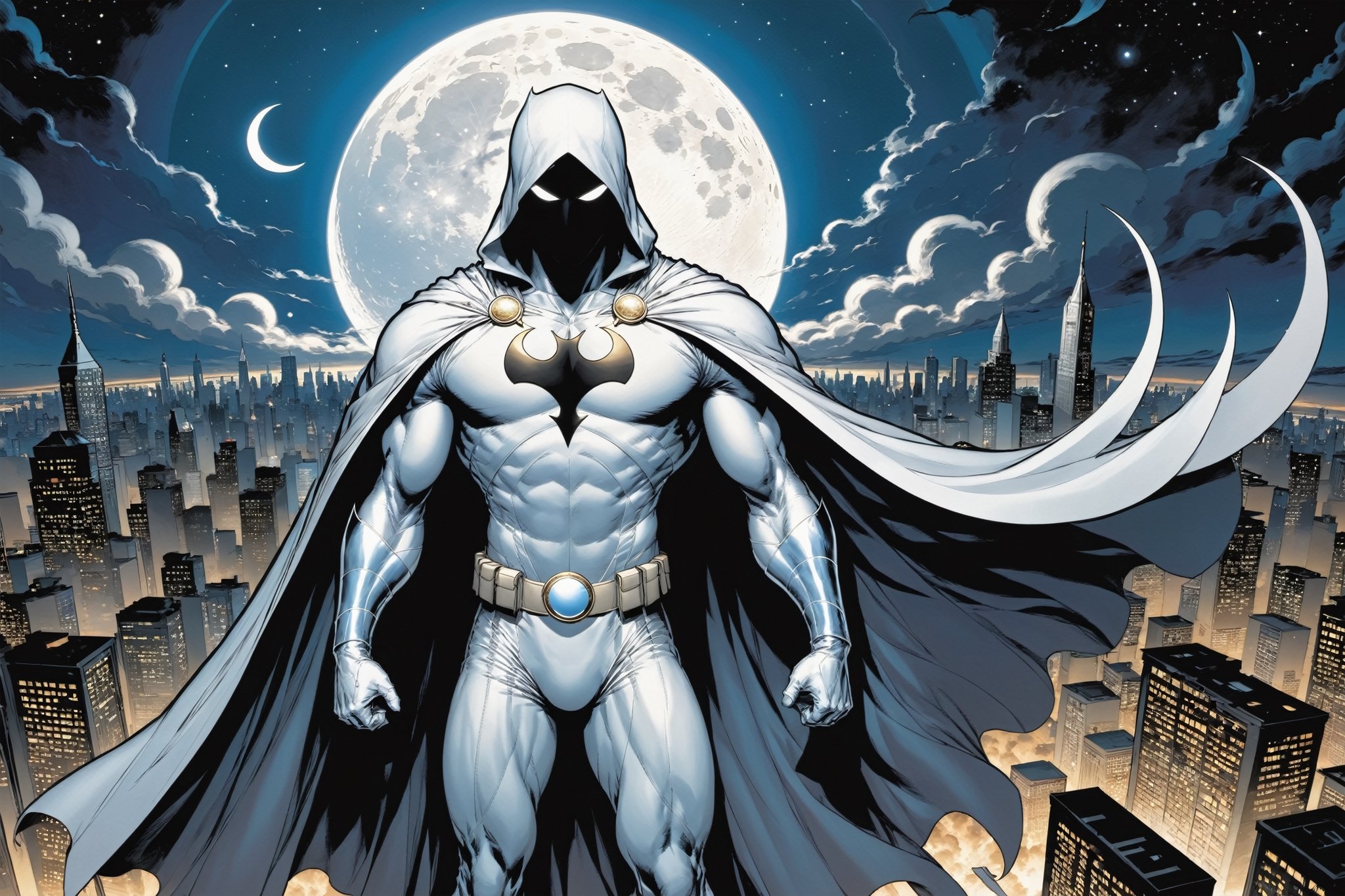 Standing atop a moonlit rooftop, the enigmatic figure known as Moon Knight cuts a striking silhouette against the city skyline. Clad in a suit of White leather, with a hooded cloak, ((adorned with intricate crescent moon motifs)), he exudes an aura of otherworldly power. His muscular physique is accentuated by the tight-fitting suit, which hugs his form like a second skin. A billowing White cape, flows behind him, adding to the air of mystique that surrounds him.

Atop his head rests a hooded cloak and cowl, concealing his features in shadow while his piercing white eyes gleam with an otherworldly intensity. In one hand, he grips a crescent-shaped staff, a versatile weapon capable of both striking down his foes and aiding in his acrobatic feats. On his utility belt, an array of gadgets and tools are holstered, ready to be deployed at a moment's notice.

With an air of silent determination, Moon Knight stands ready to mete out justice upon those who would dare to threaten the innocent, his presence a beacon of hope in the darkness of the night.