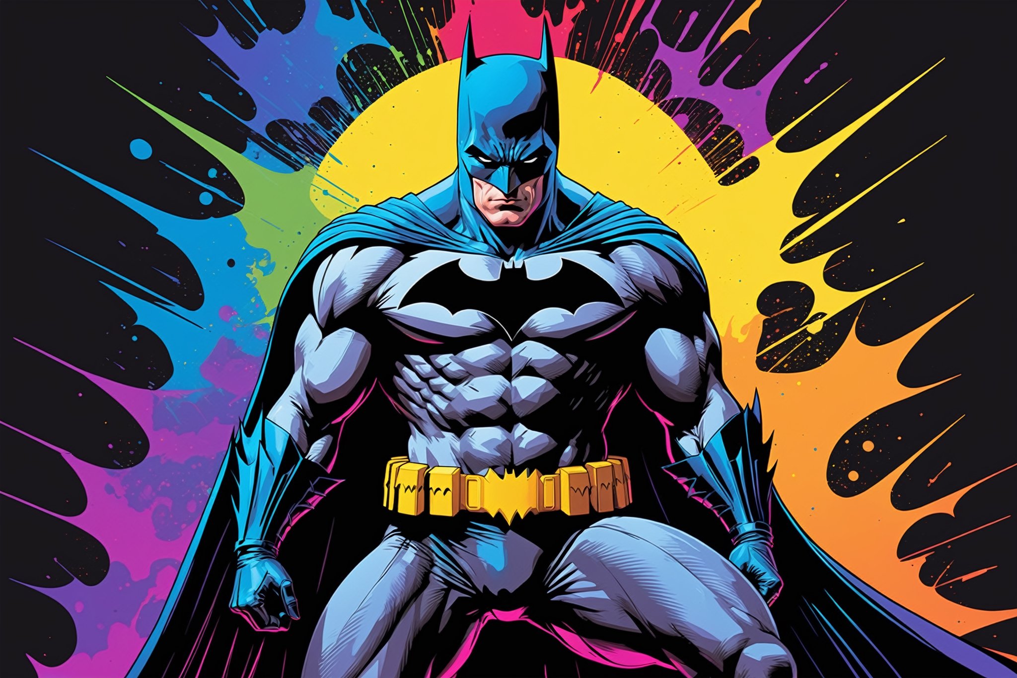 midshot, cel-shading style, centered image, ultra detailed illustration of Batman, posing, ((Full Body)), (tetradic colors), inkpunk, ink lines, strong outlines, art by MSchiffer, bold traces, unframed, high contrast, cel-shaded, vector, 4k resolution, best quality, (chromatic aberration:1.8)