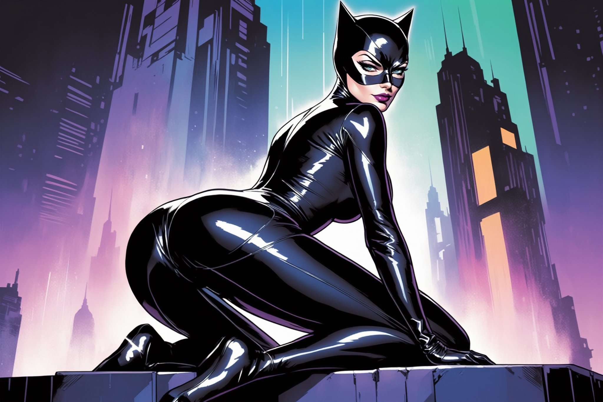 midshot, cel-shading style, centered image, ultra detailed illustration of Catwoman, posing, ((View from behind)), ((Full Body)), wearing one piece, black bodysuit, (tetradic colors), inkpunk, ink lines, strong outlines, art by MSchiffer, bold traces, unframed, high contrast, cel-shaded, vector, 4k resolution, best quality, (chromatic aberration:1.8)