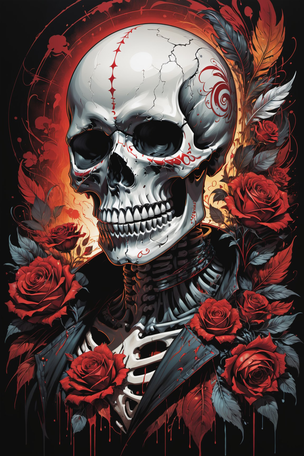 cel-shading style, centered image, ultra detailed illustration of the comic character (( a Very detailed illustration of a ((best quality)), ((masterpiece)), (detailed), mesmerizing, the skull, day of the dead art by linyu hong, in the style of dark white and red, graffiti art, realistic hyper-detail, intricate composition, monumental murals, silver and red, contemporary chicano(masterpiece, best quality, ultra-detailed) , unsettling atmosphere, high key lighting , vector Black, red, , staGlenn Brown, Carne Griffiths, Alex Ross, artgerm and james jean bangs, by Todd McFarlane)),  (((perfect hands))), (((dark Moody candlelight in the background))), accent of rust, (tetradic colors), inkpunk, ink lines, strong outlines, art by MSchiffer, bold traces, unframed, high contrast, cel-shaded, vector, 4k resolution,