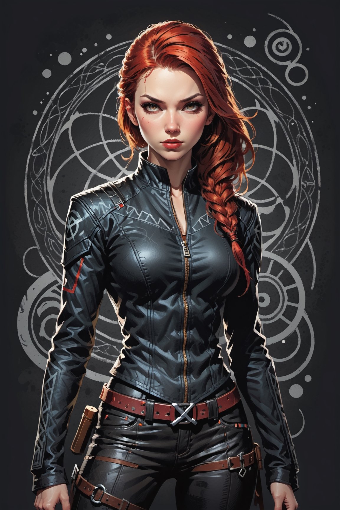 dark, gritty, realistic, mix of bold dark lines and loose lines, bold lines, on paper, turnaround character sheet, a stunningly beautiful (masterpiece, best quality:1.3), (2d:1.3), ink (medium), t-shirt design, White background, Full body, 2D illustration,  (((Black Widow))). bits of color, Sketch book, hand drawn, dark, gritty, realistic sketch, Rough sketch, mix of bold dark lines and loose lines, bold lines, on black paper, turnaround character sheet. ((Half body)), arcane symbols, runes, dark theme, flowing partially braided red hair, large long ponytail, handsome, padded leather clothing, ((black leather pants)), button down shirt, ((leather jacket)), embroidered with runes, modest, leather rune embroidered boots, (sharp lines), lines of bold ink, strong outlines, bold strokes, high contrast, (professional vector), best quality, flat colors, flat lights, no shadows, low levels, ((geometric shapes)), paint splatters, arcane symbols, runes, dark theme, Perfect composition golden ratio, masterpiece, best quality, 4k, sharp focus. Better hand, perfect anatomy, ((safe for work))