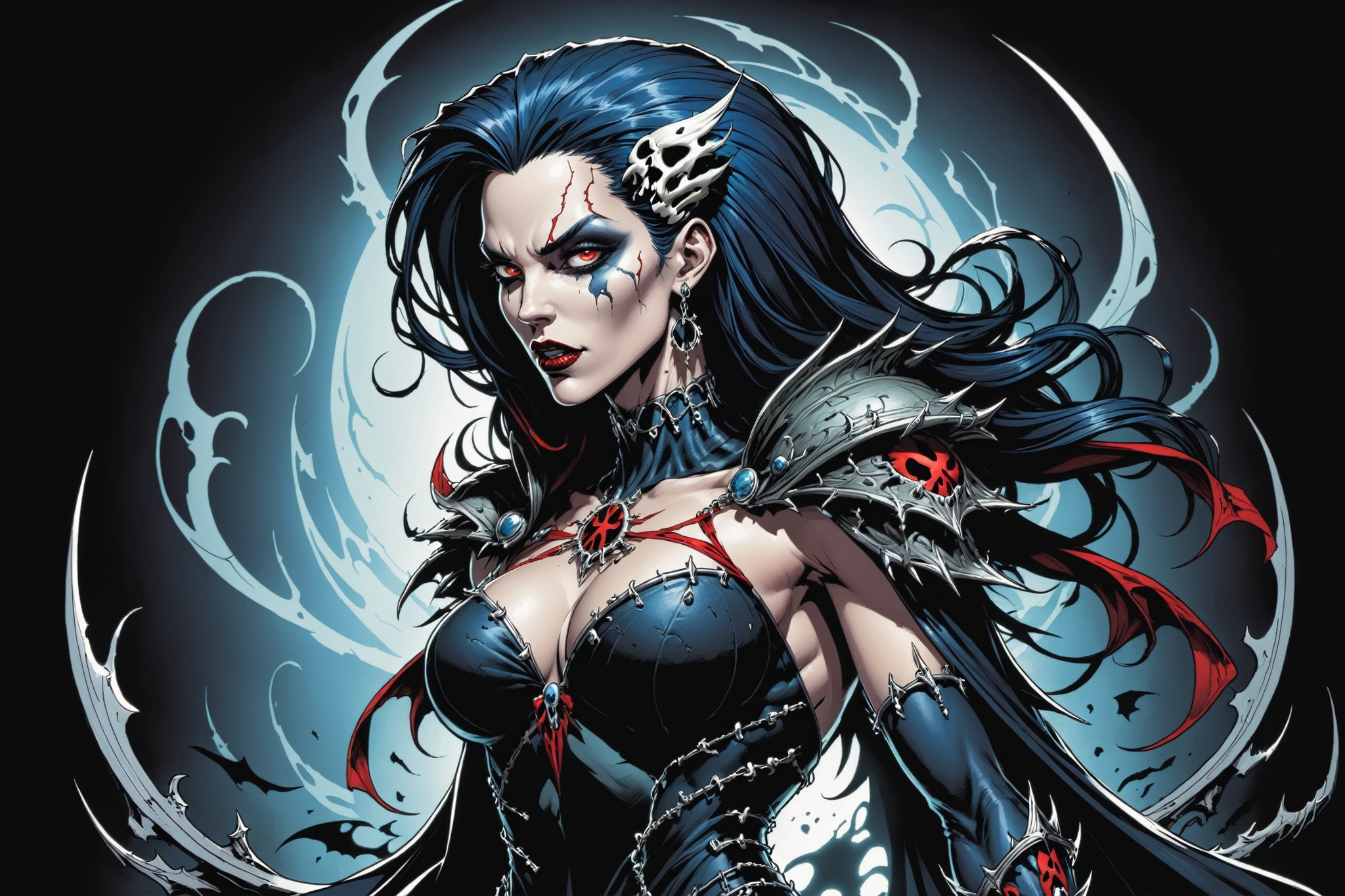 midshot, cel-shading style, centered image, ultra detailed illustration of the comic character ((female Spawn Queen of the Damned by Todd McFarlane)), posing, Black, dress with a skull emblem, ((View from Behind she's looking over her shoulder)), ((Full Body)), ((View from behind)), (tetradic colors), inkpunk, ink lines, strong outlines, art by MSchiffer, bold traces, unframed, high contrast, cel-shaded, vector, 4k resolution, best quality, (chromatic aberration:1.8)