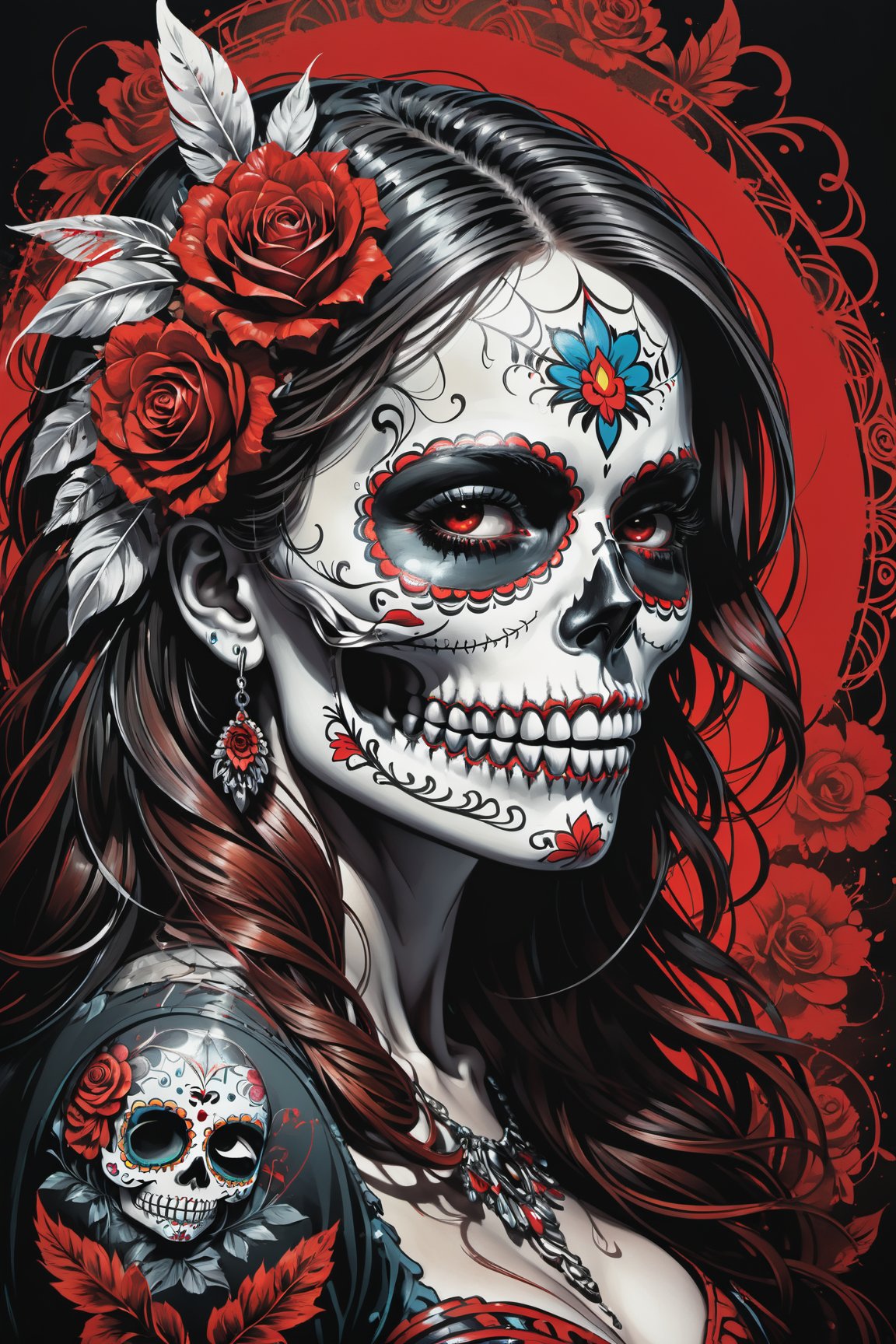 cel-shading style, centered image, ultra detailed illustration of the comic character (( a Very detailed illustration of a ((best quality)), ((masterpiece)), (detailed), mesmerizing, the skull, (((day of the dead art))) by linyu hong, in the style of dark white and red, (((graffiti art))), realistic hyper-detail, intricate composition, monumental murals, silver and red, contemporary chicano(masterpiece, best quality, ultra-detailed) , unsettling atmosphere, high key lighting , vector Black, red, , staGlenn Brown, Carne Griffiths, Alex Ross, artgerm and james jean bangs, by Todd McFarlane)),  (((perfect hands))), (((dark Moody candlelight in the background))), accent of rust, (tetradic colors), inkpunk, ink lines, strong outlines, art by MSchiffer, bold traces, unframed, high contrast, cel-shaded, vector, 4k resolution,