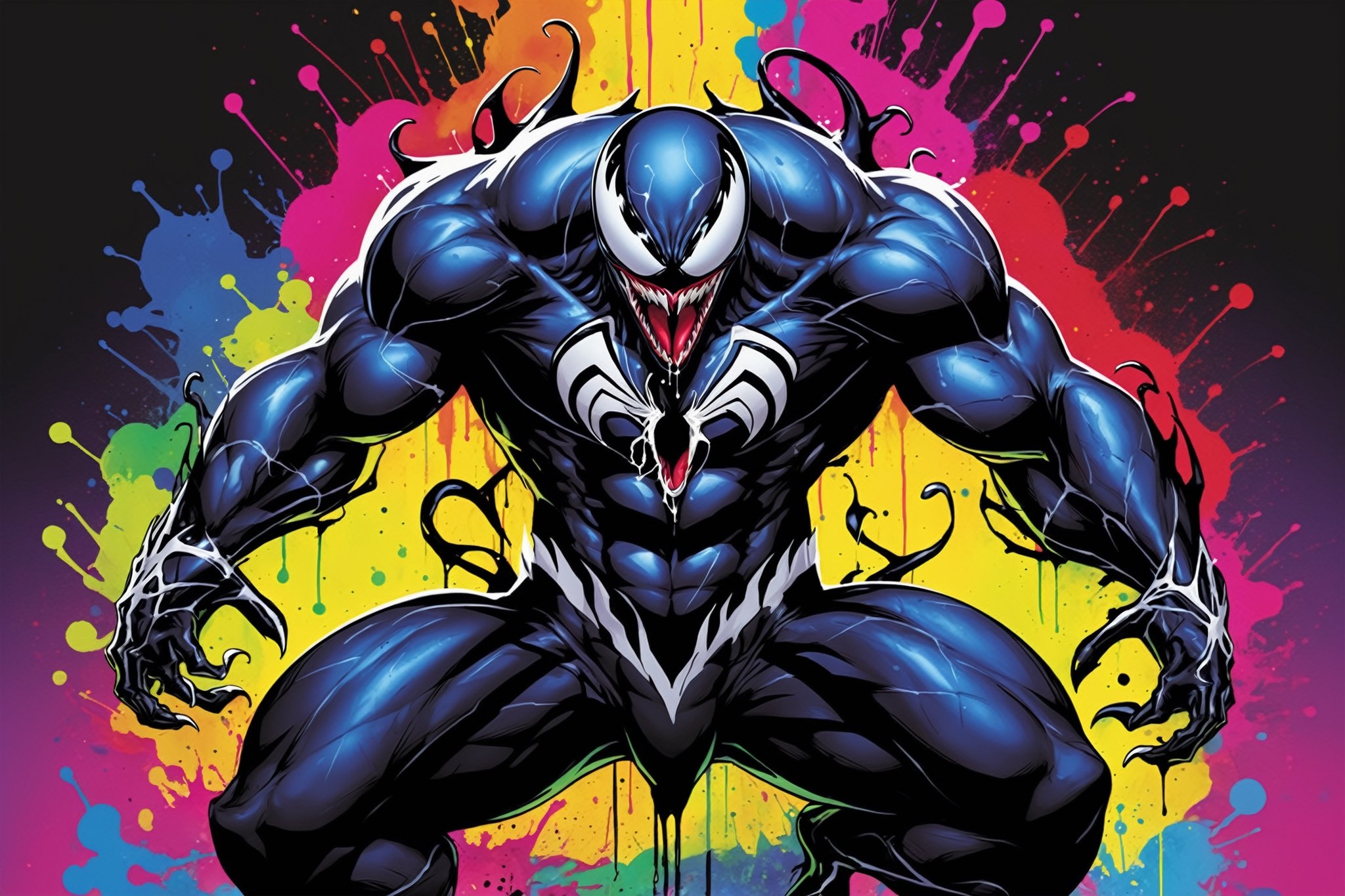 midshot, cel-shading style, centered image, ultra detailed illustration of Venom posing, ((Full Body)), (tetradic colors), ((inkpunk)), ((ink lines)), ink splatter, strong outlines, art by MSchiffer, bold traces, unframed, high contrast, cel-shaded, vector, 4k resolution, best quality, (chromatic aberration:1.8)