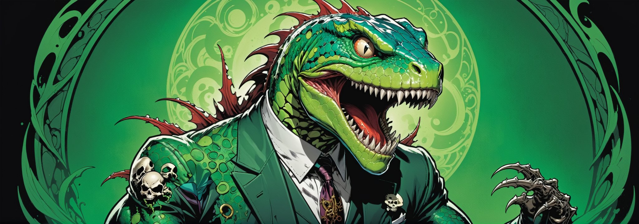 midshot, cel-shading style, centered image, ultra detailed illustration of the comic character ((lizard Spawn by Todd McFarlane)), posing, green, light green, brown, and black suit with a skull emblem, ((Full Body)) ,ornate background, (tetradic colors), inkpunk, ink lines, strong outlines, art by MSchiffer, bold traces, unframed, high contrast, cel-shaded, vector, 4k resolution, best quality, (chromatic aberration:1.8)