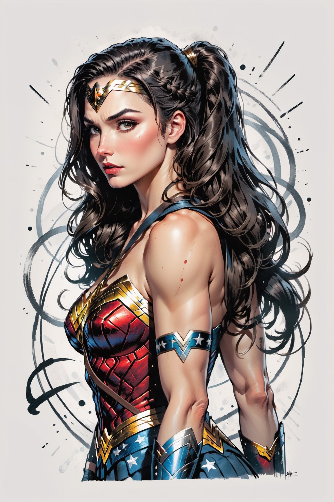 dark, gritty, realistic, mix of bold dark lines and loose lines, bold lines, on paper, turnaround character sheet, a stunningly beautiful (masterpiece, best quality:1.3), (2d:1.3), ink (medium), t-shirt design, White background, Full body, 2D illustration,  (((Wonder Woman))). bits of color, Sketch book, hand drawn, dark, gritty, realistic sketch, Rough sketch, mix of bold dark lines and loose lines, bold lines, on black paper, turnaround character sheet. Half body, (((View from behind))), ((she is looking over her shoulder)), arcane symbols, runes, dark theme, flowing partially braided Black hair, large long ponytail, (sharp lines), lines of bold ink, strong outlines, bold strokes, high contrast, (professional vector), best quality, flat colors, flat lights, no shadows, low levels, ((geometric shapes)), paint splatters, arcane symbols, runes, dark theme, Perfect composition golden ratio, masterpiece, best quality, 4k, sharp focus. Better hand, perfect anatomy, ((safe for work))