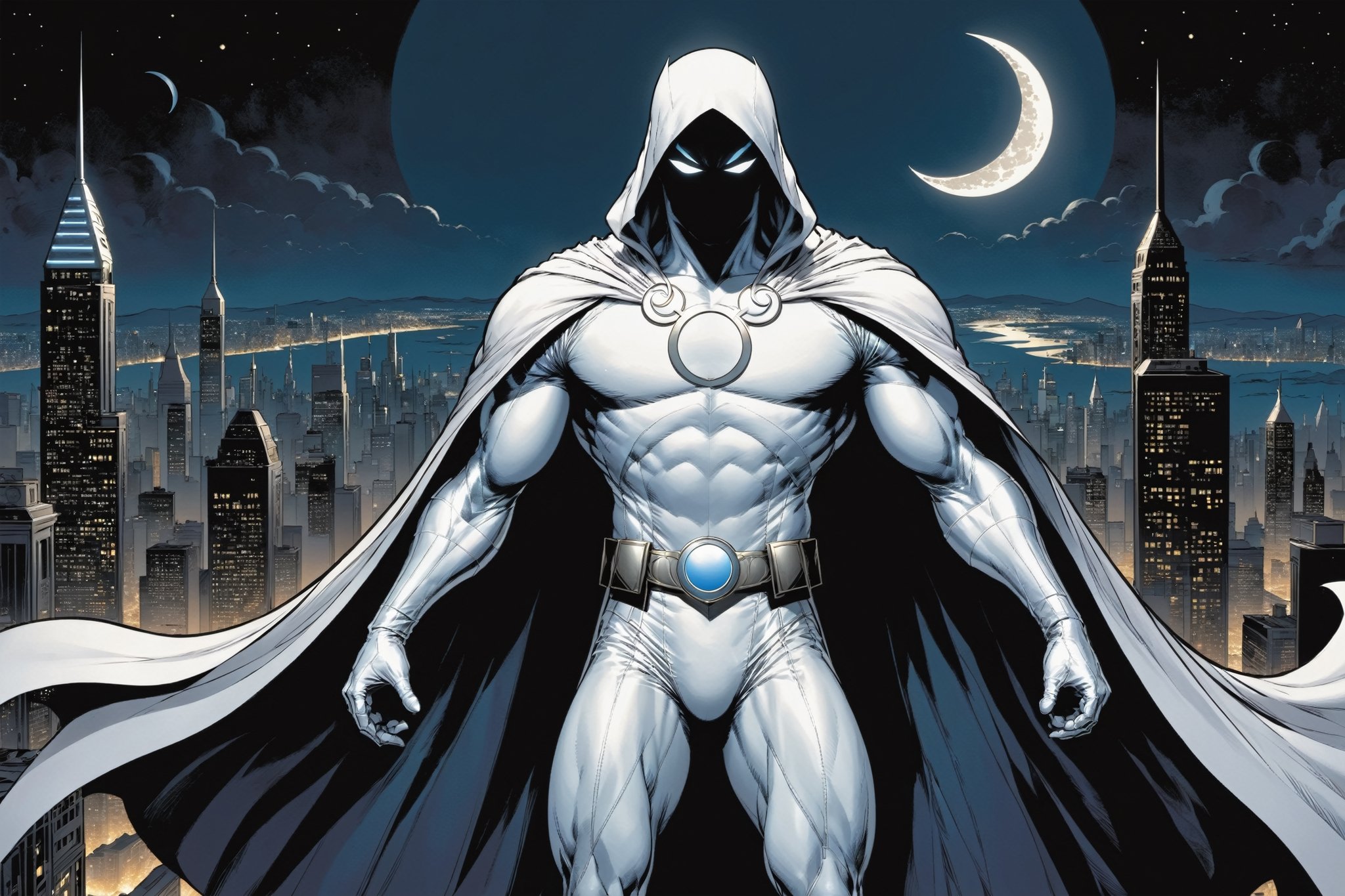 Standing atop a moonlit rooftop, the enigmatic figure known as Moon Knight cuts a striking silhouette against the city skyline. Clad in a suit of White leather, with a hooded cloak, ((adorned with intricate crescent moon motifs)), he exudes an aura of otherworldly power. His muscular physique is accentuated by the tight-fitting suit, which hugs his form like a second skin. A billowing White cape, flows behind him, adding to the air of mystique that surrounds him.

Atop his head rests a hooded cloak and cowl, concealing his features in shadow while his piercing white eyes gleam with an otherworldly intensity. In one hand, he grips a crescent-shaped staff, a versatile weapon capable of both striking down his foes and aiding in his acrobatic feats. On his utility belt, an array of gadgets and tools are holstered, ready to be deployed at a moment's notice.

With an air of silent determination, Moon Knight stands ready to mete out justice upon those who would dare to threaten the innocent, his presence a beacon of hope in the darkness of the night.