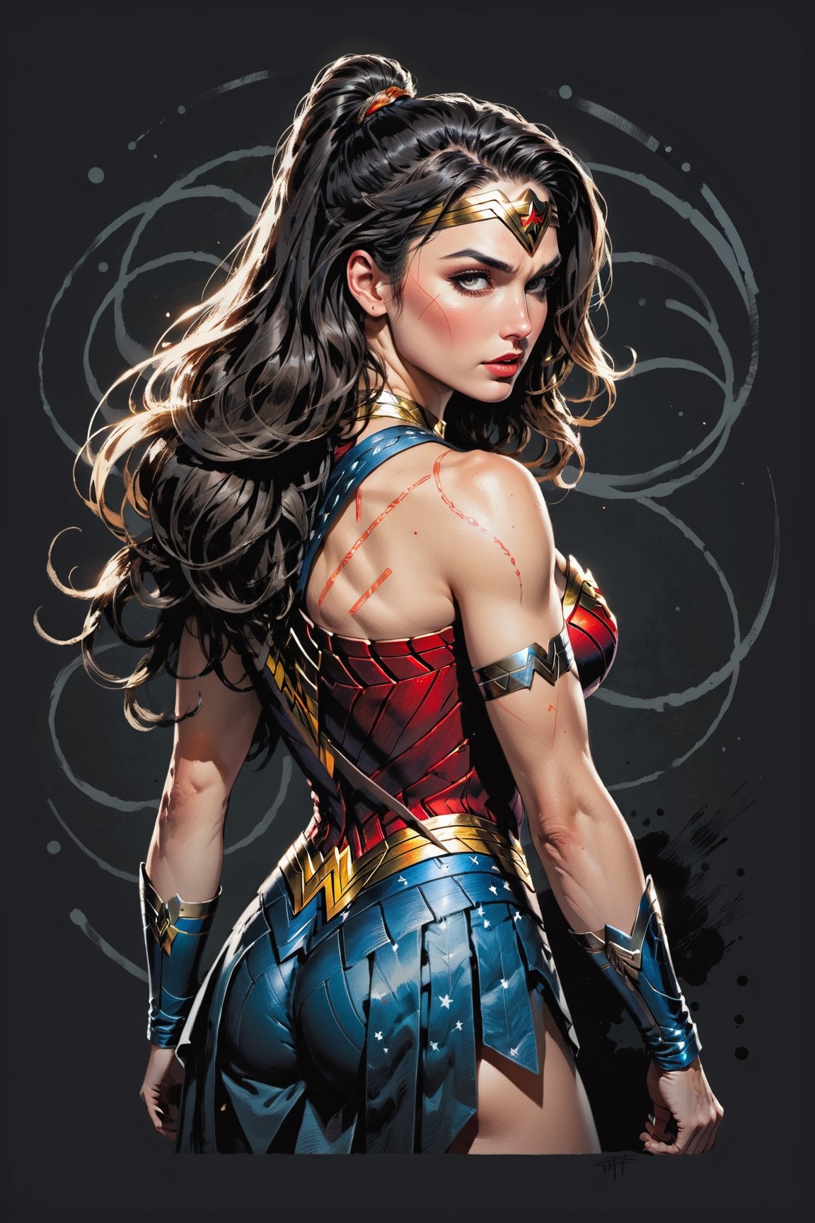 dark, gritty, realistic, mix of bold dark lines and loose lines, bold lines, on paper, turnaround character sheet, a stunningly beautiful (masterpiece, best quality:1.3), (2d:1.3), ink (medium), t-shirt design, White background, Full body, 2D illustration,  (((Wonder Woman))). bits of color, Sketch book, hand drawn, dark, gritty, realistic sketch, Rough sketch, mix of bold dark lines and loose lines, bold lines, on black paper, turnaround character sheet. Half body, (((View from behind))), ((she is looking over her shoulder)), arcane symbols, runes, dark theme, flowing partially braided Black hair, large long ponytail, (sharp lines), lines of bold ink, strong outlines, bold strokes, high contrast, (professional vector), best quality, flat colors, flat lights, no shadows, low levels, ((geometric shapes)), paint splatters, arcane symbols, runes, dark theme, Perfect composition golden ratio, masterpiece, best quality, 4k, sharp focus. Better hand, perfect anatomy, ((safe for work))