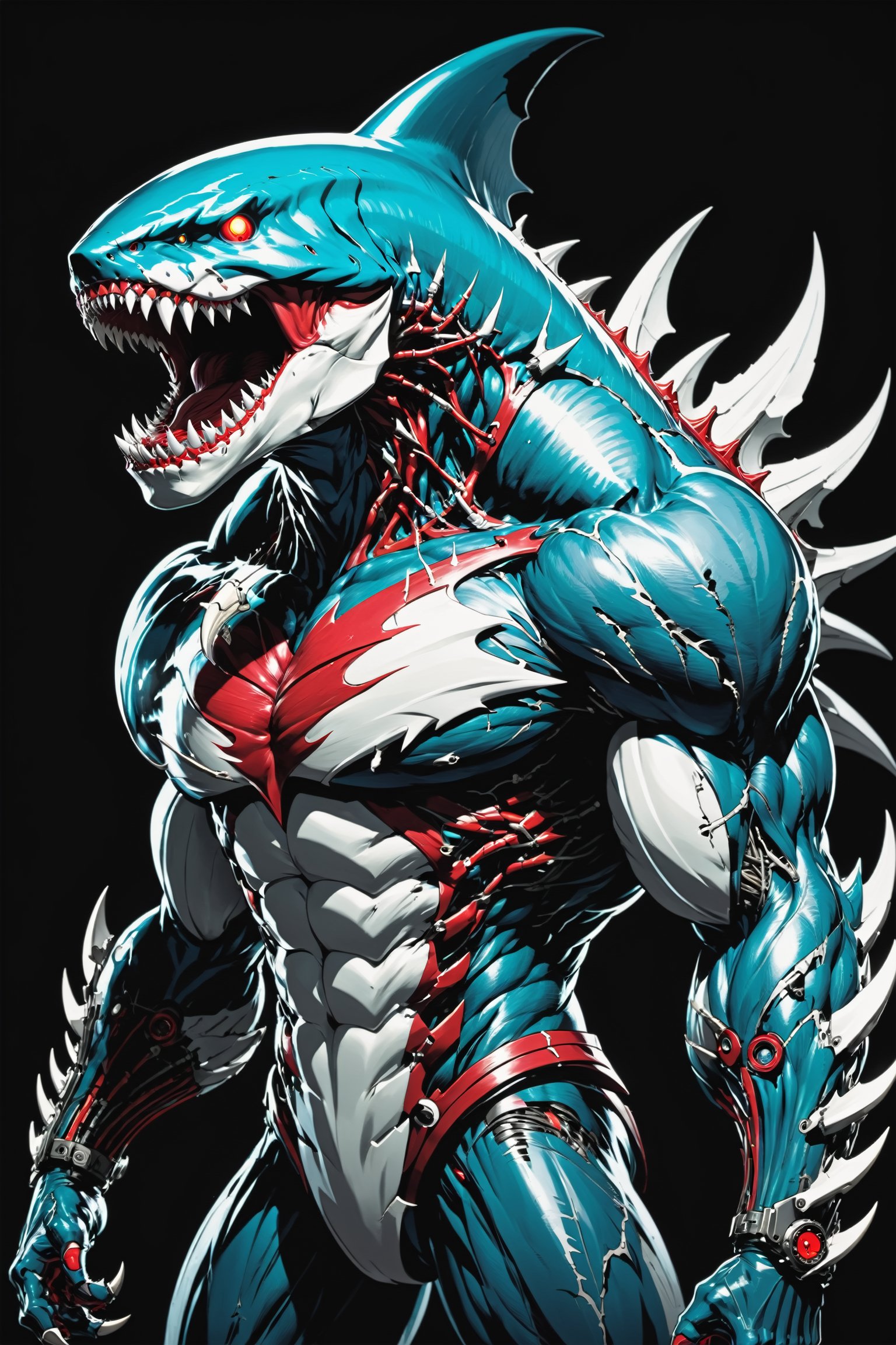 midshot, cel-shading style, centered image, ultra detailed illustration of the comic character ((Spawn , A cyborg Megalodon combines raw natural power with advanced technology. This fearsome creature features a blend of organic scales and sleek metallic components. His limbs are reinforced with steel plating and hydraulic joints, enhancing its strength and agility. Cybernetic eyes glow with a menacing light, capable of night vision and advanced targeting. The Megalodon claws are replaced with razor-sharp. This fusion of beast and machine creates a formidable predator, both in the wild and in combat scenarios.,exosuit, by Todd McFarlane)), posing, with a skull emblem,   (((Full Body))), (tetradic colors), inkpunk, ink lines, strong outlines, art by MSchiffer, bold traces, unframed, high contrast, cel-shaded, vector, 4k resolution, best quality, (chromatic aberration:1.8)