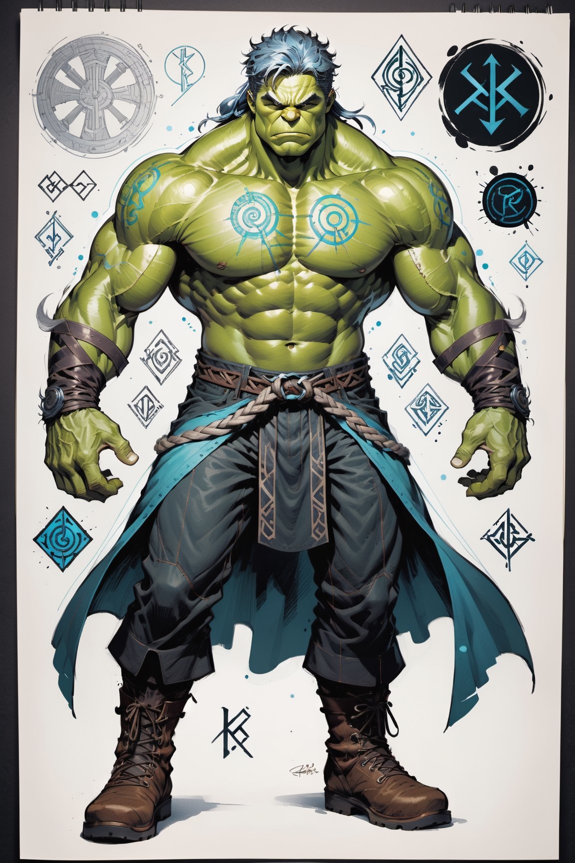 dark, gritty, realistic, mix of bold dark lines and loose lines, bold lines, on paper, turnaround character sheet, a stunningly beautiful (masterpiece, best quality:1.3), (2d:1.3), ink (medium), t-shirt design, White background, Full body, 2D illustration,  ((The Hulk)). bits of color, Sketch book, hand drawn, dark, gritty, realistic sketch, Rough sketch, mix of bold dark lines and loose lines, bold lines, on paper, turnaround character sheet. Full body, arcane symbols, runes, dark theme, flowing partially braided pale blue hair, handsome, padded leather clothing embroidered with runes, modest, leather rune embroidered boots, (sharp lines), lines of bold ink, strong outlines, bold strokes, high contrast, (professional vector), best quality, flat colors, flat lights, no shadows, low levels, ((geometric shapes)), paint splatters, arcane symbols, runes, dark theme, Perfect composition golden ratio, masterpiece, best quality, 4k, sharp focus. Better hand, perfect anatomy, ((safe for work))