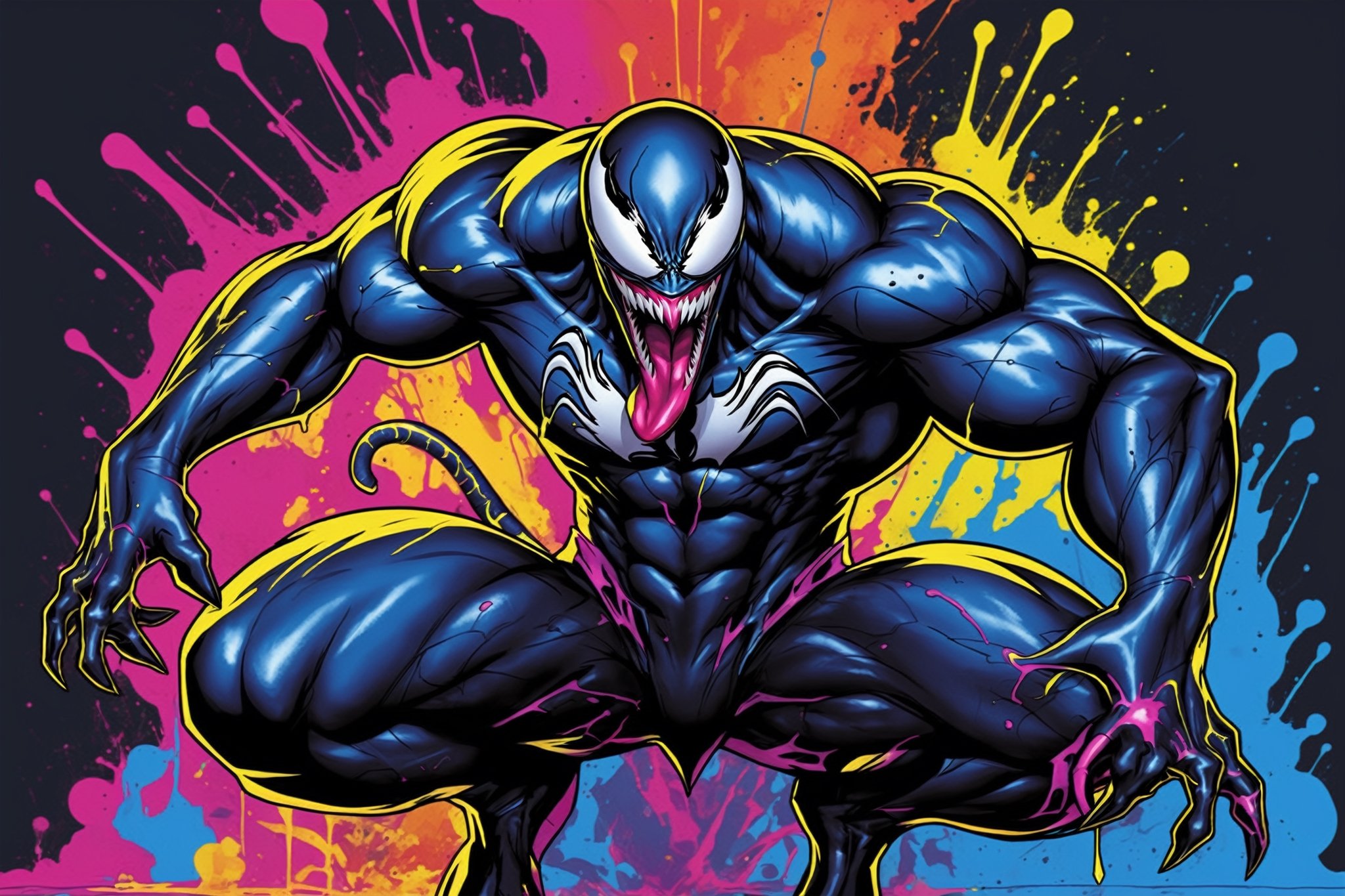 midshot, cel-shading style, centered image, ultra detailed illustration of Venom posing, ((Full Body)), (tetradic colors), ((inkpunk)), ((ink lines)), ink splatter, strong outlines, art by MSchiffer, bold traces, unframed, high contrast, cel-shaded, vector, 4k resolution, best quality, (chromatic aberration:1.8)