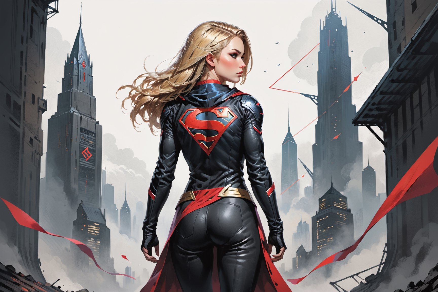 dark, gritty, realistic, mix of bold dark lines and loose lines, bold lines, on paper, turnaround character sheet, a stunningly beautiful (masterpiece, best quality:1.3), (2d:1.3), ink (medium), t-shirt design, White background, ((Half body)),portrait, supergirl, long red cape, outer_space, space hair, levitating, sky, zero gravity, above city, (((View from behind, she is looking over her shoulder))), depth_of_field bits of color, Sketch book, hand drawn, dark, gritty, realistic sketch, Rough sketch, mix of bold dark lines and loose lines, bold lines, Black paper, turnaround character sheet, arcane symbols, runes, dark theme, flowing partially blonde hair, handsome, ((all black padded leather clothing)), embroidered with runes, modest, black leather pants,  leather rune embroidered boots, (sharp lines), lines of bold ink, strong outlines, bold strokes, high contrast, (professional vector), best quality, flat colors, flat lights, no shadows, low levels, ((geometric shapes)), paint splatters, ((arcane symbols)), runes, dark theme, Perfect composition golden ratio, masterpiece, best quality, 4k, sharp focus. Better hand, perfect anatomy, ((safe for work))