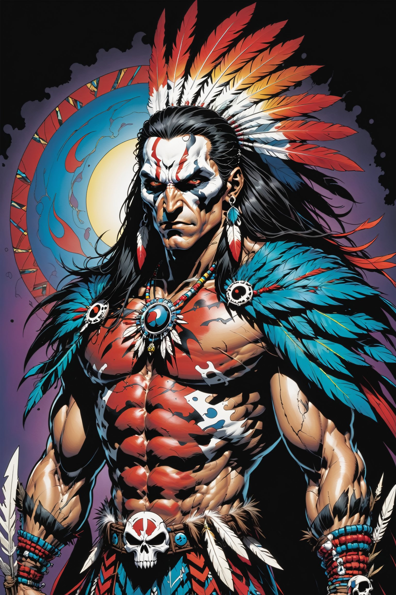 midshot, cel-shading style, centered image, ultra detailed illustration of the comic character ((male Spawn American Indian, by Todd McFarlane)), posing,  he has black  in traditional Indian attire with a skull emblem, (((Full Body))), (tetradic colors), inkpunk, ink lines, strong outlines, art by MSchiffer, bold traces, unframed, high contrast, cel-shaded, vector, 4k resolution, best quality, (chromatic aberration:1.8)