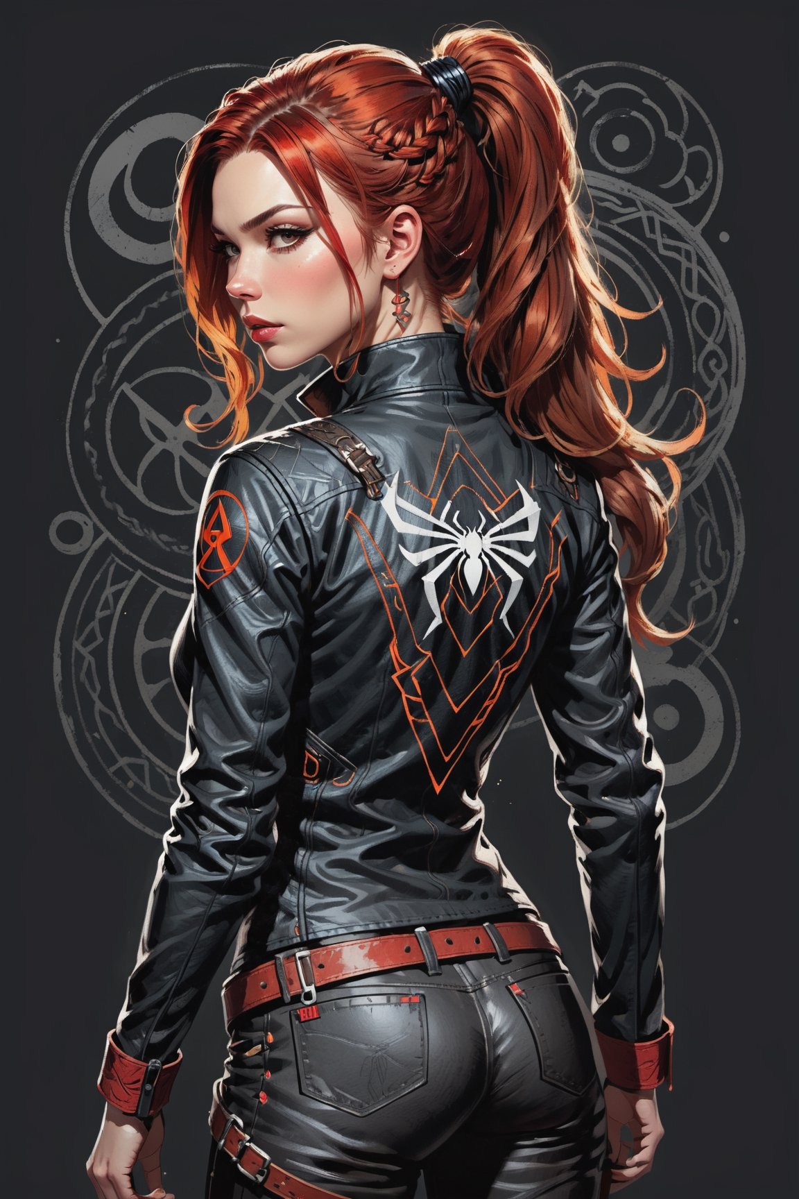 dark, gritty, realistic, mix of bold dark lines and loose lines, bold lines, on paper, turnaround character sheet, a stunningly beautiful (masterpiece, best quality:1.3), (2d:1.3), ink (medium), t-shirt design, White background, Full body, 2D illustration,  (((Black Widow))). bits of color, Sketch book, hand drawn, dark, gritty, realistic sketch, Rough sketch, mix of bold dark lines and loose lines, bold lines, on black paper, turnaround character sheet. Half body, (((View from behind))), ((she is looking over her shoulder)), arcane symbols, runes, dark theme, flowing partially braided red hair, large long ponytail, handsome, padded leather clothing, ((black leather pants)), button down shirt, ((leather jacket)), embroidered with runes, modest, leather rune embroidered boots, (sharp lines), lines of bold ink, strong outlines, bold strokes, high contrast, (professional vector), best quality, flat colors, flat lights, no shadows, low levels, ((geometric shapes)), paint splatters, arcane symbols, runes, dark theme, Perfect composition golden ratio, masterpiece, best quality, 4k, sharp focus. Better hand, perfect anatomy, ((safe for work))