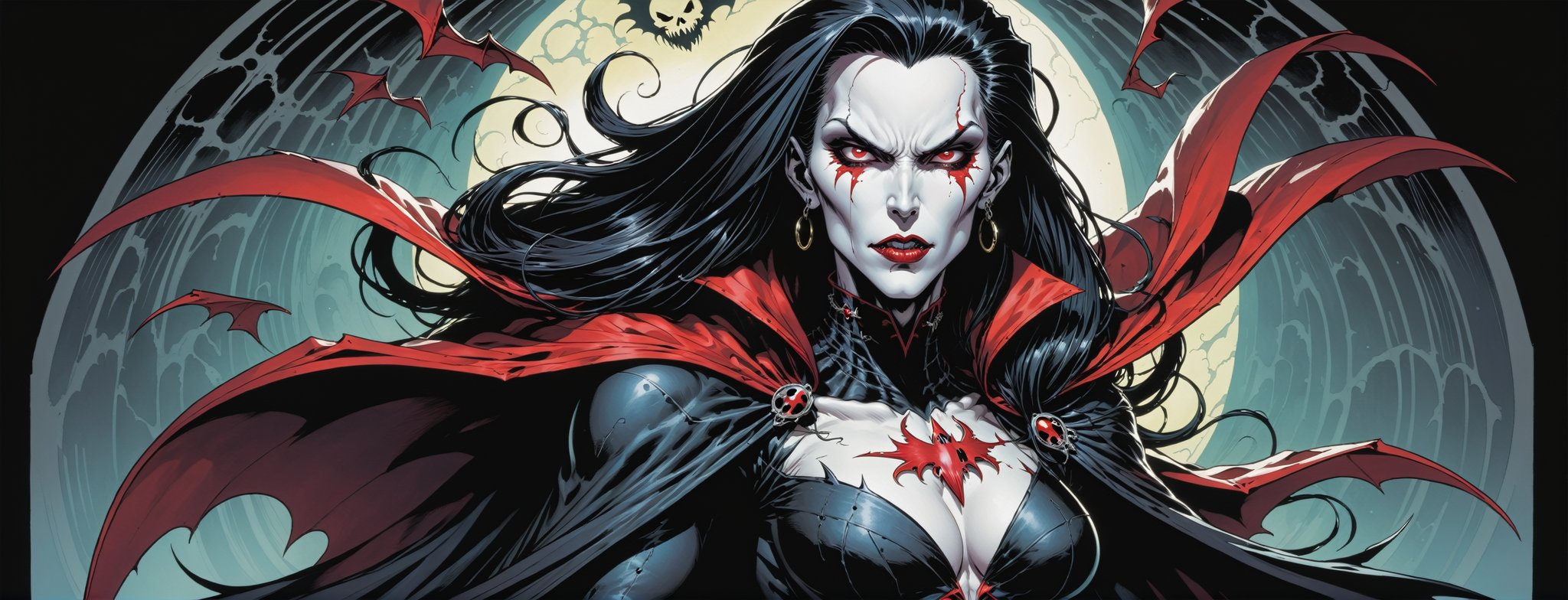 midshot, cel-shading style, centered image, ultra detailed illustration of the comic character ((female Spawn Dracula, by Todd McFarlane)), posing, she has long black hair, black suit with a skull emblem, long flowing cape, ((Half Body)), (tetradic colors), inkpunk, ink lines, strong outlines, art by MSchiffer, bold traces, unframed, high contrast, cel-shaded, vector, 4k resolution, best quality, (chromatic aberration:1.8)