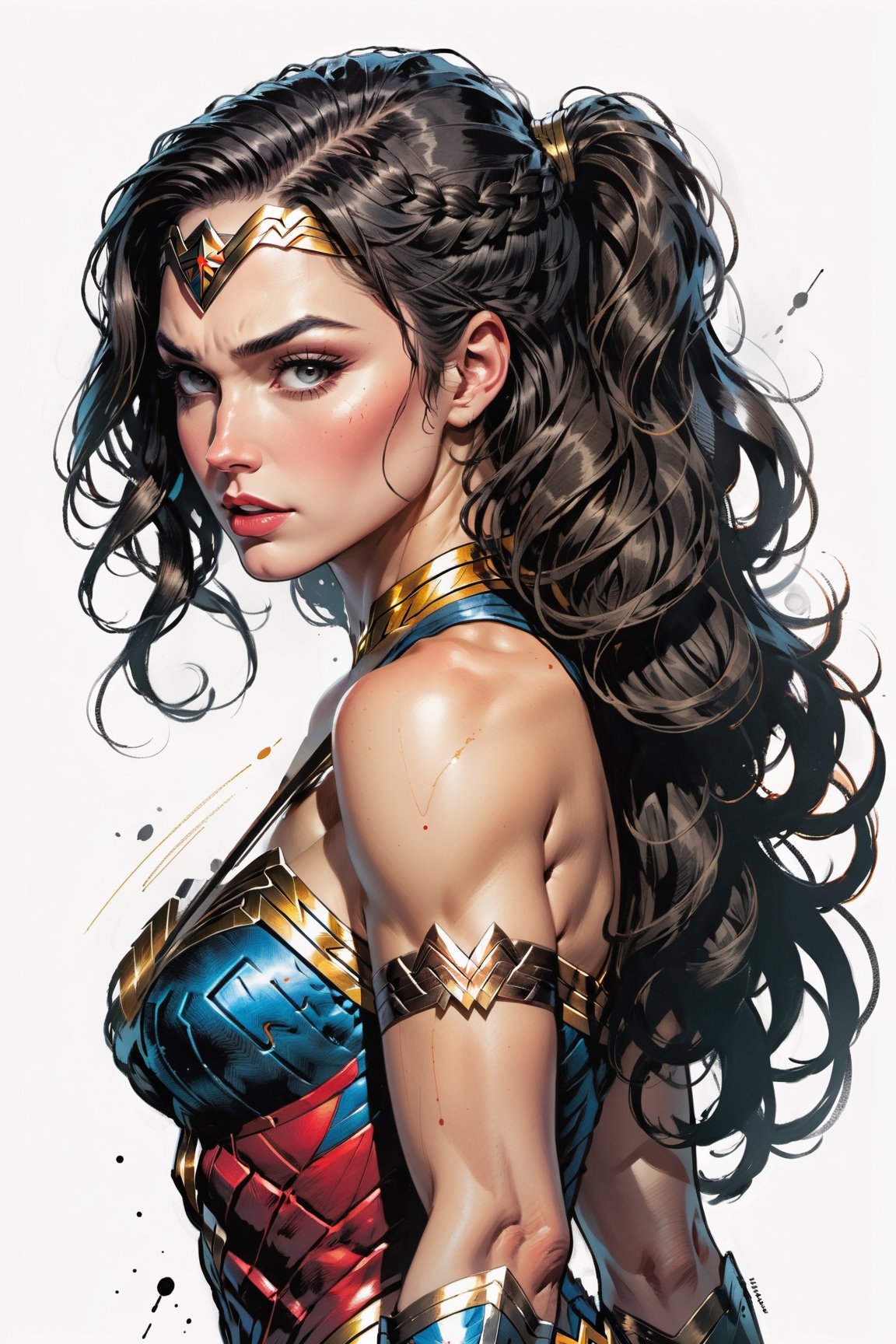 dark, gritty, realistic, mix of bold dark lines and loose lines, bold lines, on paper, turnaround character sheet, a stunningly beautiful (masterpiece, best quality:1.3), (2d:1.3), ink (medium), t-shirt design, White background, Extreme close-up of her face, 2D illustration,  (((Wonder Woman))). bits of color, Sketch book, hand drawn, dark, gritty, realistic sketch, Rough sketch, mix of bold dark lines and loose lines, bold lines, on black paper, turnaround character sheet. Half body, (((View from behind))), ((she is looking over her shoulder)), arcane symbols, runes, dark theme, flowing partially braided Black hair, large long ponytail, (sharp lines), lines of bold ink, strong outlines, bold strokes, high contrast, (professional vector), best quality, flat colors, flat lights, no shadows, low levels, ((geometric shapes)), paint splatters, arcane symbols, runes, dark theme, Perfect composition golden ratio, masterpiece, best quality, 4k, sharp focus. Better hand, perfect anatomy, ((safe for work))