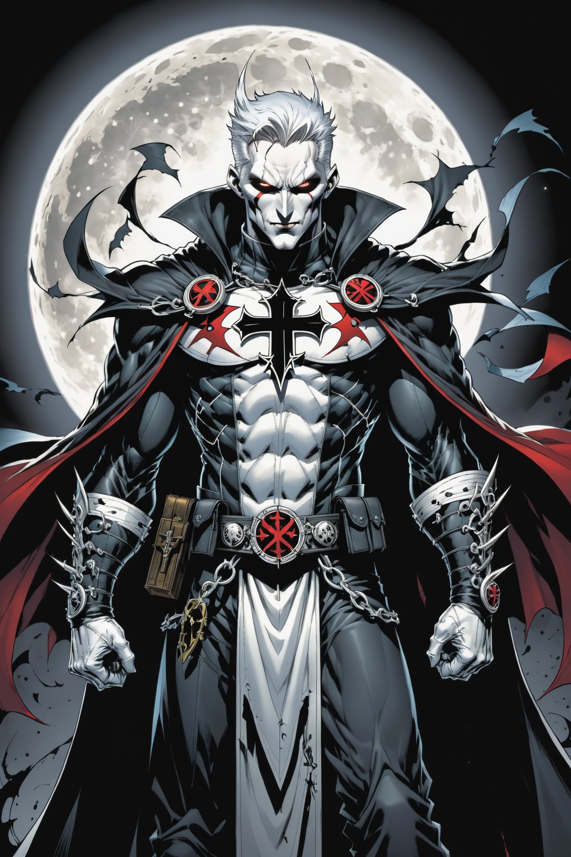 midshot, cel-shading style, centered image, ultra detailed illustration of the comic character ((male Spawn Warrior Catholic priest, by Todd McFarlane)), posing, white  hair,  ((cross around his neck)), charcoal and black white suit with cross emblem, gun belts draped over his shoulders, ((Full Body)), ((perfect hands)), the moon in the background, (tetradic colors), inkpunk, ink lines, strong outlines, art by MSchiffer, bold traces, unframed, high contrast, cel-shaded, vector, 4k resolution, best quality, (chromatic aberration:1.8)