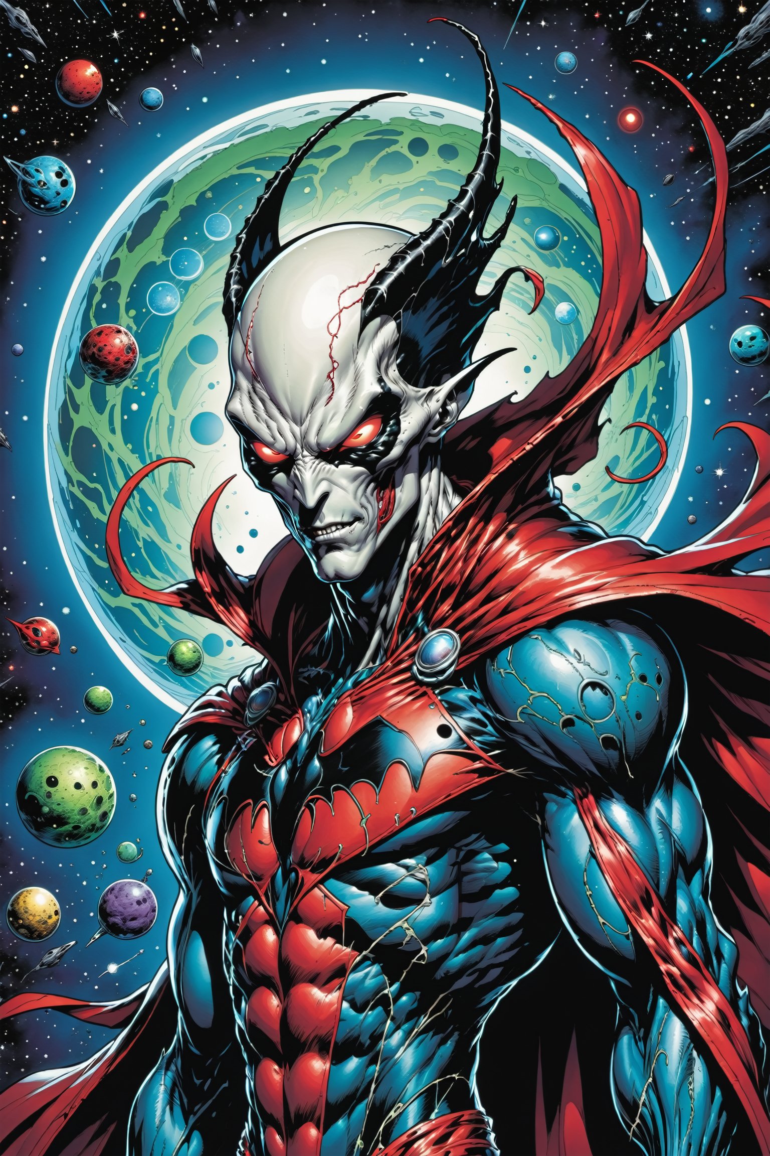 midshot, cel-shading style, centered image, ultra detailed illustration of the comic character ((male Spawn Space Alien, by Todd McFarlane)), posing, ((Half Body)), planets in the background, (tetradic colors), inkpunk, ink lines, strong outlines, art by MSchiffer, bold traces, unframed, high contrast, cel-shaded, vector, 4k resolution, best quality, (chromatic aberration:1.8)