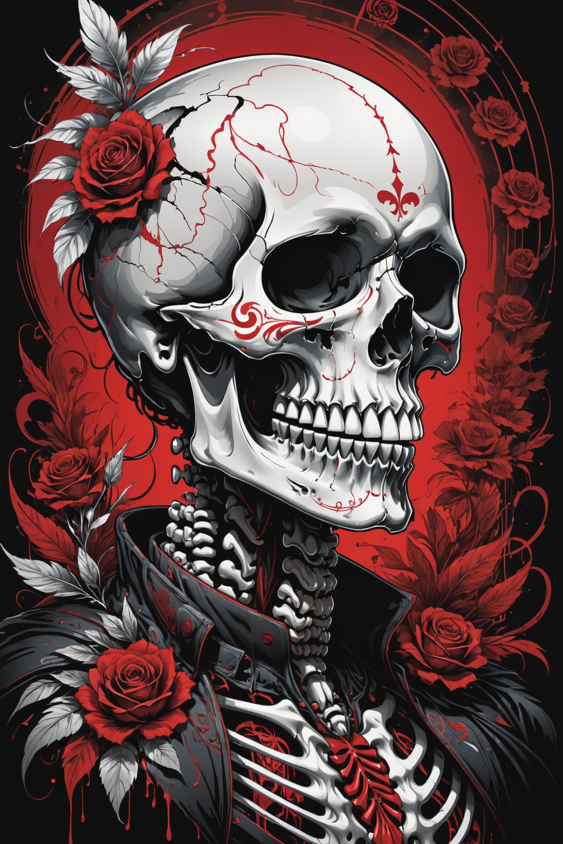 cel-shading style, centered image, ultra detailed illustration of the comic character (( a Very detailed illustration of a ((best quality)), ((masterpiece)), (detailed), mesmerizing, the skull, day of the dead art by linyu hong, in the style of dark white and red, graffiti art, realistic hyper-detail, intricate composition, monumental murals, silver and red, contemporary chicano(masterpiece, best quality, ultra-detailed) , unsettling atmosphere, high key lighting , vector Black, red, , staGlenn Brown, Carne Griffiths, Alex Ross, artgerm and james jean bangs, by Todd McFarlane)),  (((perfect hands))), (((dark Moody candlelight in the background))), accent of rust, (tetradic colors), inkpunk, ink lines, strong outlines, art by MSchiffer, bold traces, unframed, high contrast, cel-shaded, vector, 4k resolution,