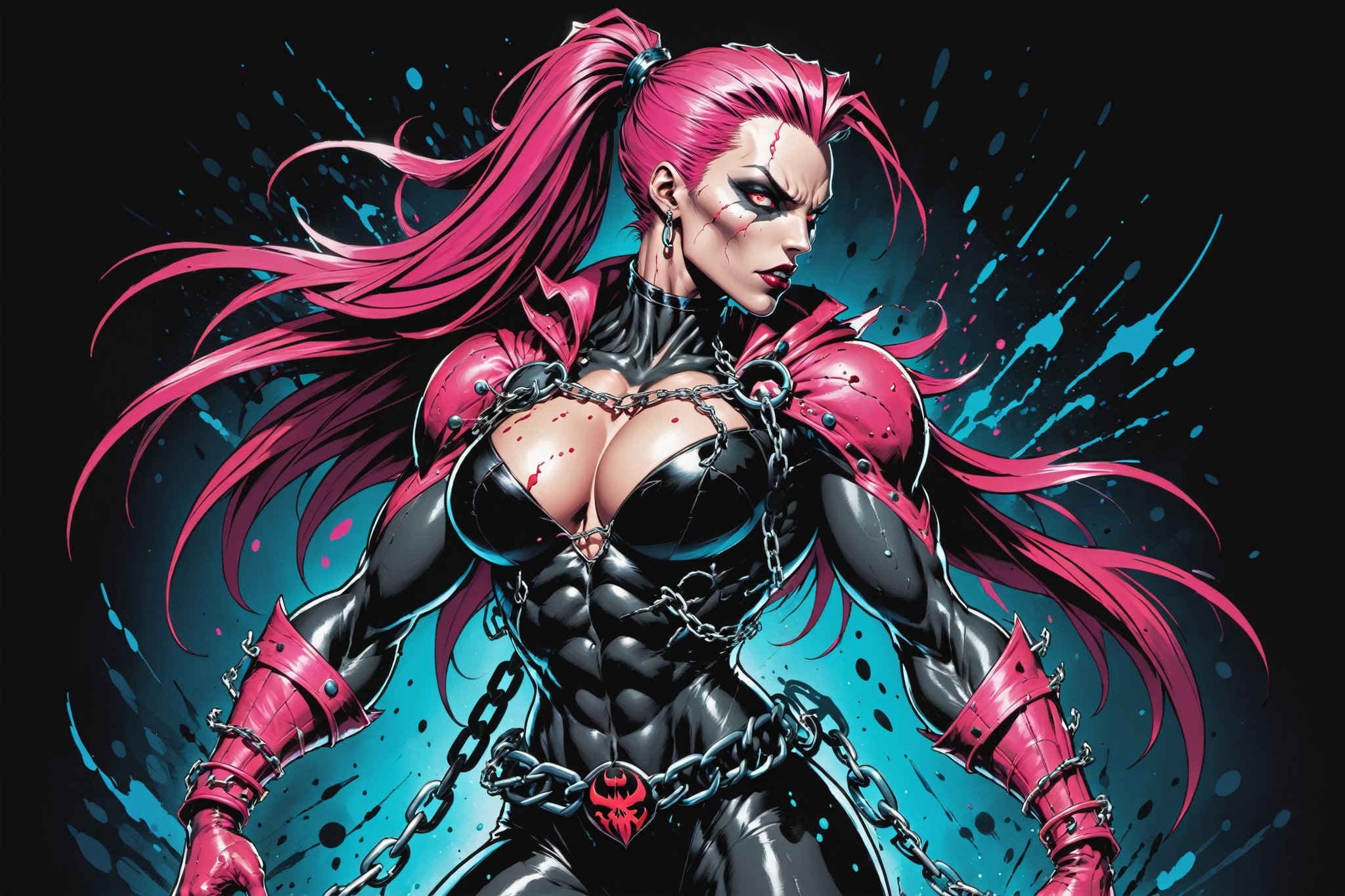 midshot, cel-shading style, centered image, ultra detailed illustration of the comic character ((female Spawn warrior woman, by Todd McFarlane)), posing, extremely muscular overly muscular large breast extremely extremely muscular, black, neon pink, suit with a belt with a skull on it, long pale pink hair in a tall, single ponytail, ((view from Behind she’s looking over her shoulder)),  ((Full Body)), ((view from behind)), ((holding chains in her hand)), splatters of paint in the background glowing neon, perfect hands, (tetradic colors), inkpunk, ink lines, strong outlines, art by MSchiffer, bold traces, unframed, high contrast, cel-shaded, vector, 4k resolution, best quality, (chromatic aberration:1.8)