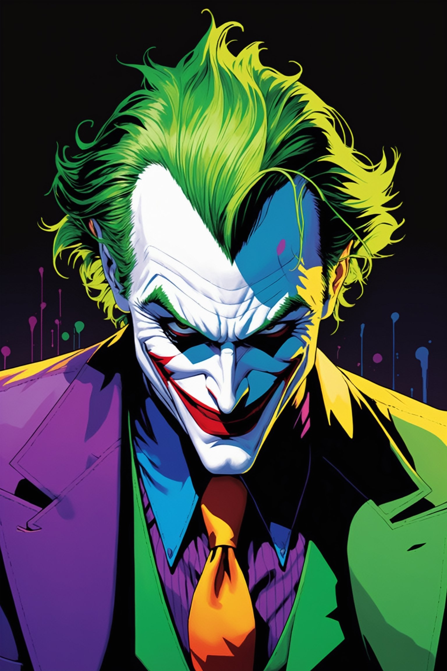 midshot, cel-shading style, centered image, ultra detailed illustration of The Joker, posing, ((Full Body)), (tetradic colors), ((inkpunk)), ((ink lines)), strong outlines, art by MSchiffer, bold traces, unframed, high contrast, cel-shaded, 4k resolution, best quality, (chromatic aberration:1.8)