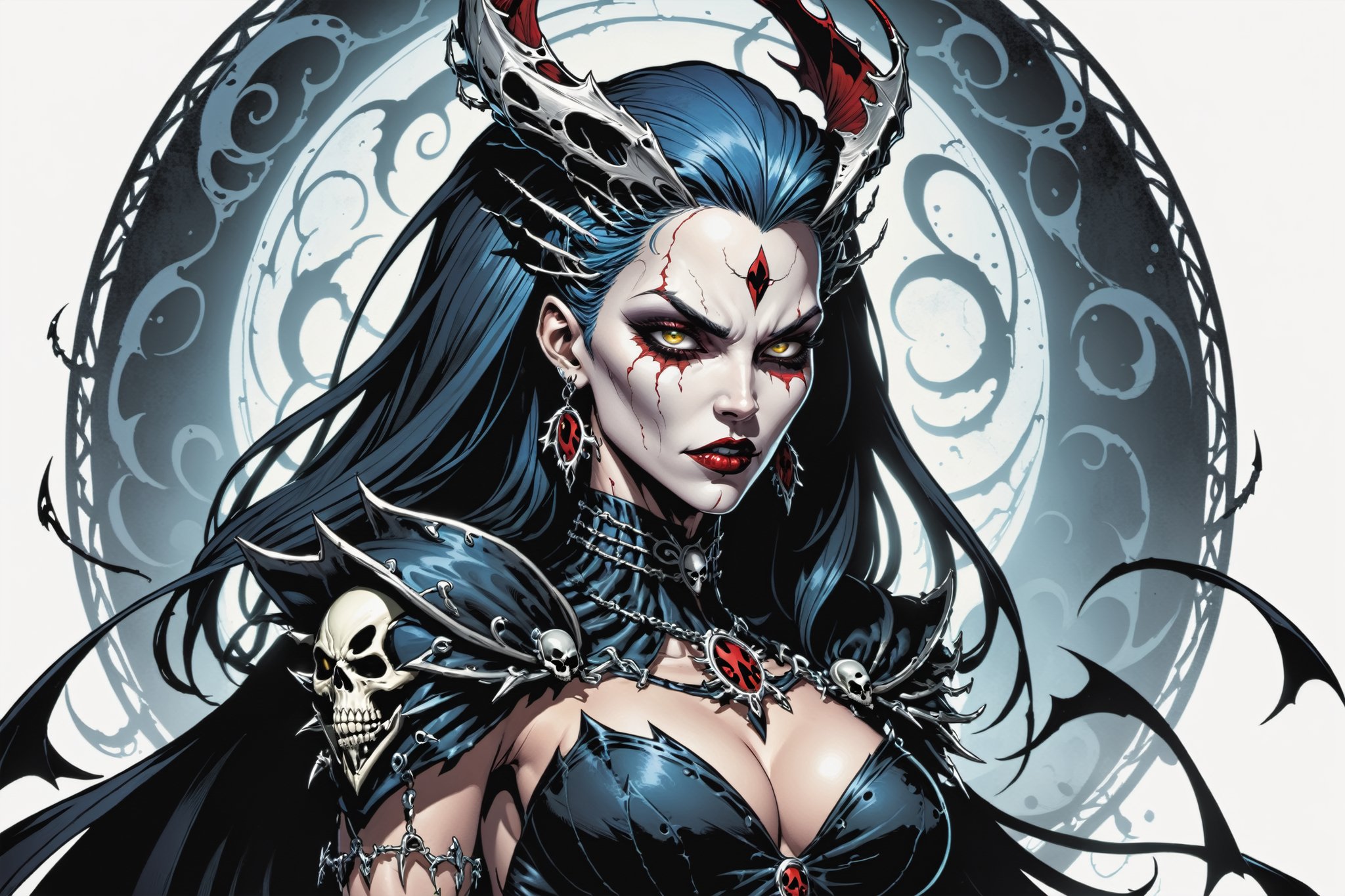 midshot, cel-shading style, centered image, ultra detailed illustration of the comic character ((female Spawn Queen of the Damned by Todd McFarlane)), posing, Black, dress with a skull emblem, ((View from Behind she's looking over her shoulder)), ((Full Body)), ((View from behind)), (tetradic colors), inkpunk, ink lines, strong outlines, art by MSchiffer, bold traces, unframed, high contrast, cel-shaded, vector, 4k resolution, best quality, (chromatic aberration:1.8)