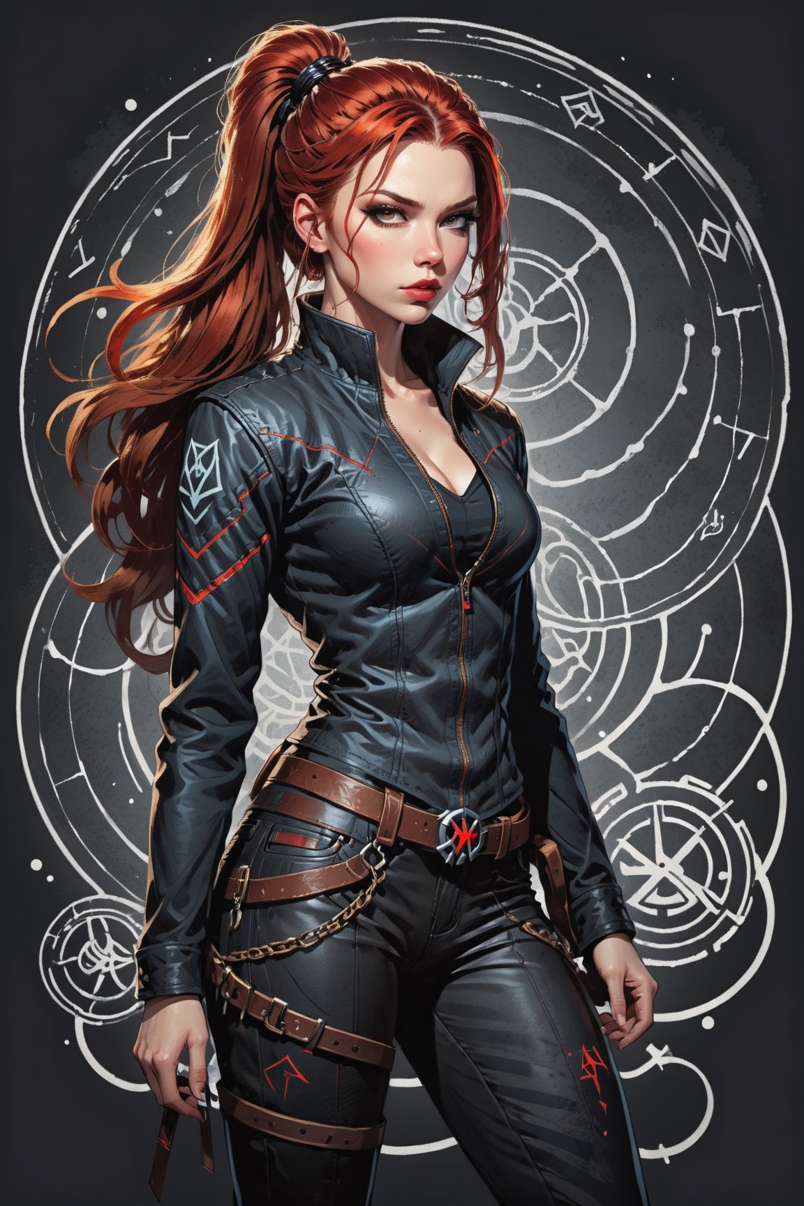 dark, gritty, realistic, mix of bold dark lines and loose lines, bold lines, on paper, turnaround character sheet, a stunningly beautiful (masterpiece, best quality:1.3), (2d:1.3), ink (medium), t-shirt design, White background, Full body, 2D illustration,  (((Black Widow))). bits of color, Sketch book, hand drawn, dark, gritty, realistic sketch, Rough sketch, mix of bold dark lines and loose lines, bold lines, on black paper, turnaround character sheet. Half body, arcane symbols, runes, dark theme, flowing partially braided red hair, large long ponytail, handsome, padded leather clothing, ((black leather pants)), button down shirt, ((leather jacket)), embroidered with runes, modest, leather rune embroidered boots, (sharp lines), lines of bold ink, strong outlines, bold strokes, high contrast, (professional vector), best quality, flat colors, flat lights, no shadows, low levels, ((geometric shapes)), paint splatters, arcane symbols, runes, dark theme, Perfect composition golden ratio, masterpiece, best quality, 4k, sharp focus. Better hand, perfect anatomy, ((safe for work))