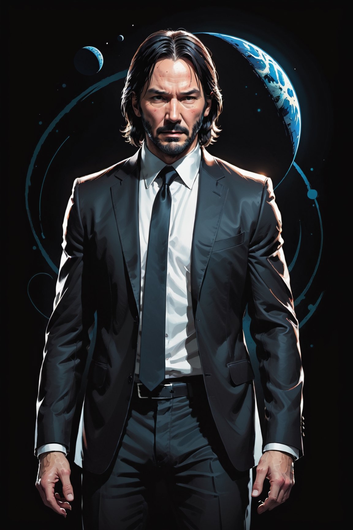 dark, gritty, realistic, mix of bold dark lines and loose lines, bold lines, on paper, turnaround character sheet, a stunningly beautiful (masterpiece, best quality:1.3), (2d:1.3), ink (medium), t-shirt design, black background, Full body, 2D illustration, John Wick, black color, (sharp lines), lines of bold ink, strong outlines, bold strokes, high contrast, (professional vector), best quality, flat colors, flat lights, no shadows, low levels, (planets), arcane symbols, runes, dark theme, Perfect composition golden ratio, masterpiece, best quality, 4k, sharp focus. Better hand, perfect anatomy, ((safe for work))